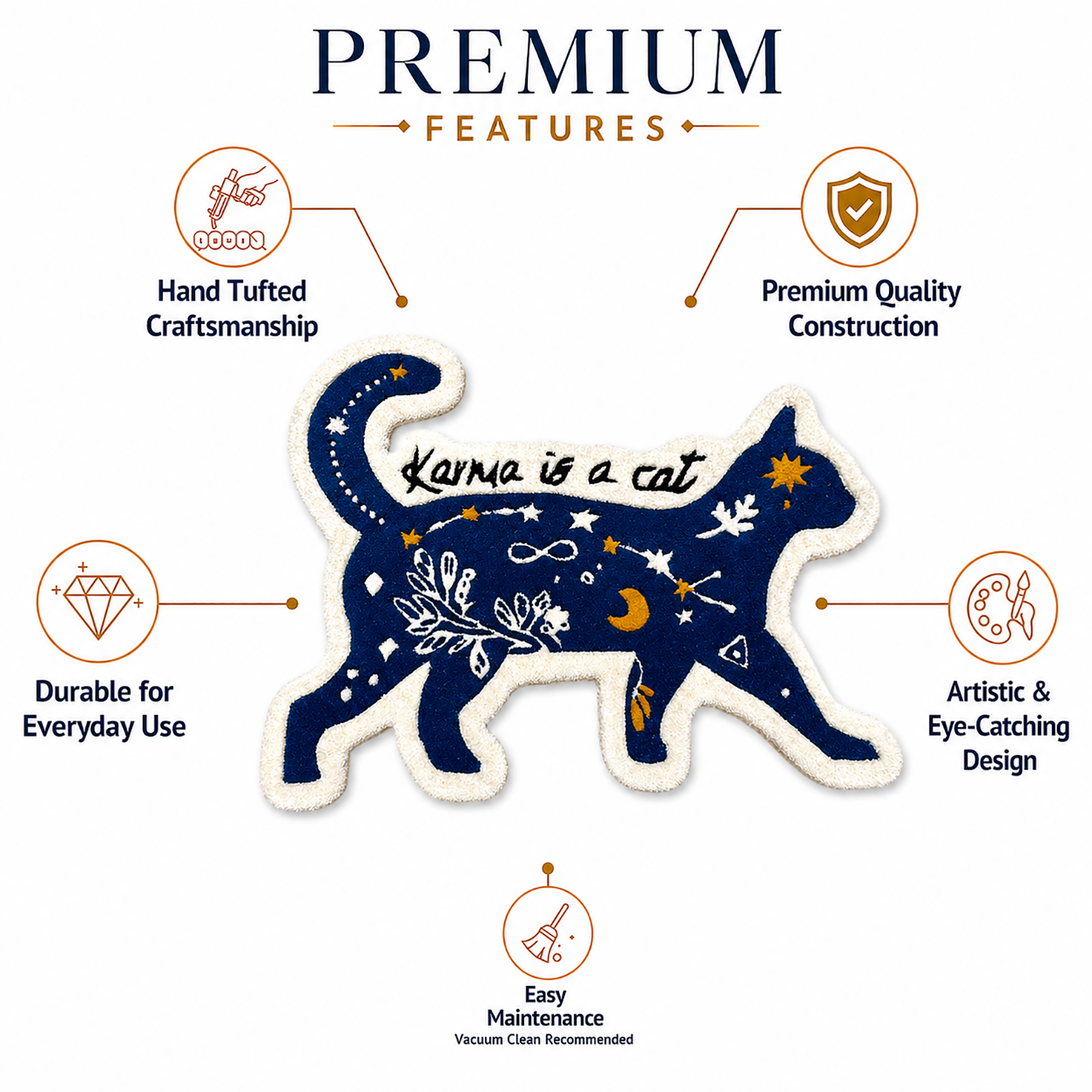 Tufted Wool Wall Hanging Cat-Shaped Celestial Motif Decor Room Mat For Living Room And Bedroom 80x60 CM