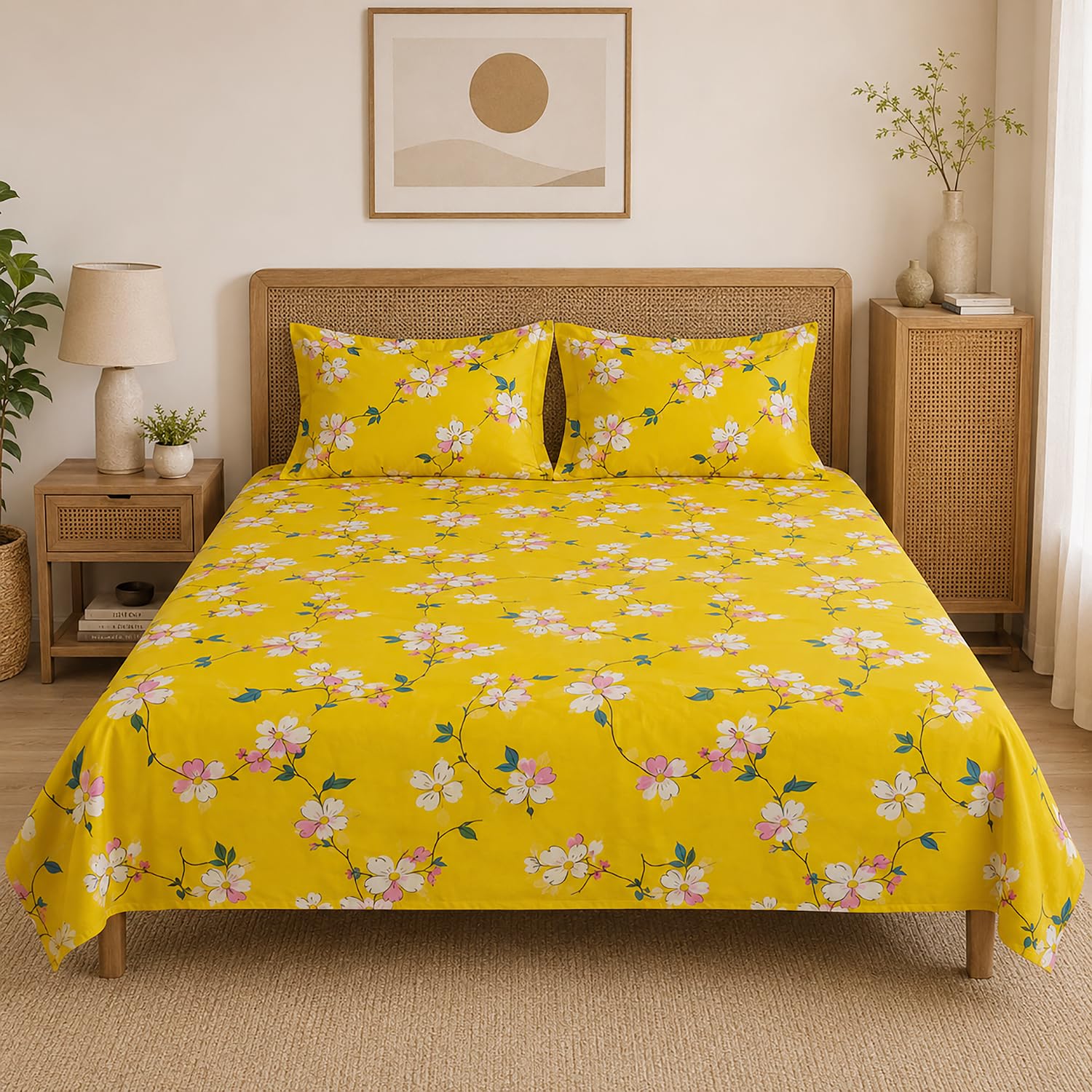 Double Bedsheet With 2 Pillow Covers Floral Pattern 200 TC 100% Cotton Feel ( Queen Size 90x90 Inch Red Set Of 3 )
