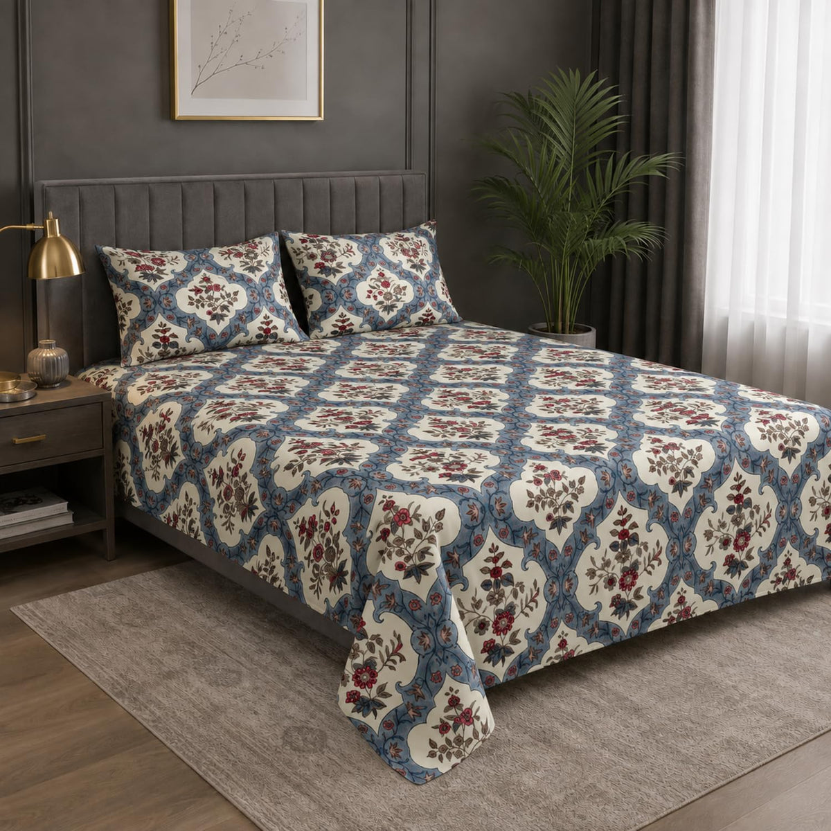 Double Bedsheet with 2 Pillow Covers 220 TC 100% Cotton Feel ( King Size Blue 90x100 inch )