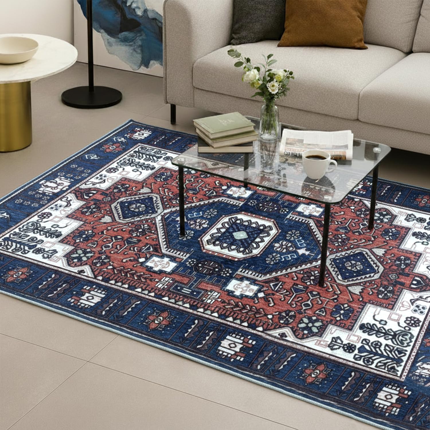 Polyester Printed Handmade Carpet Traditional (3X5 Feet Multicolour)