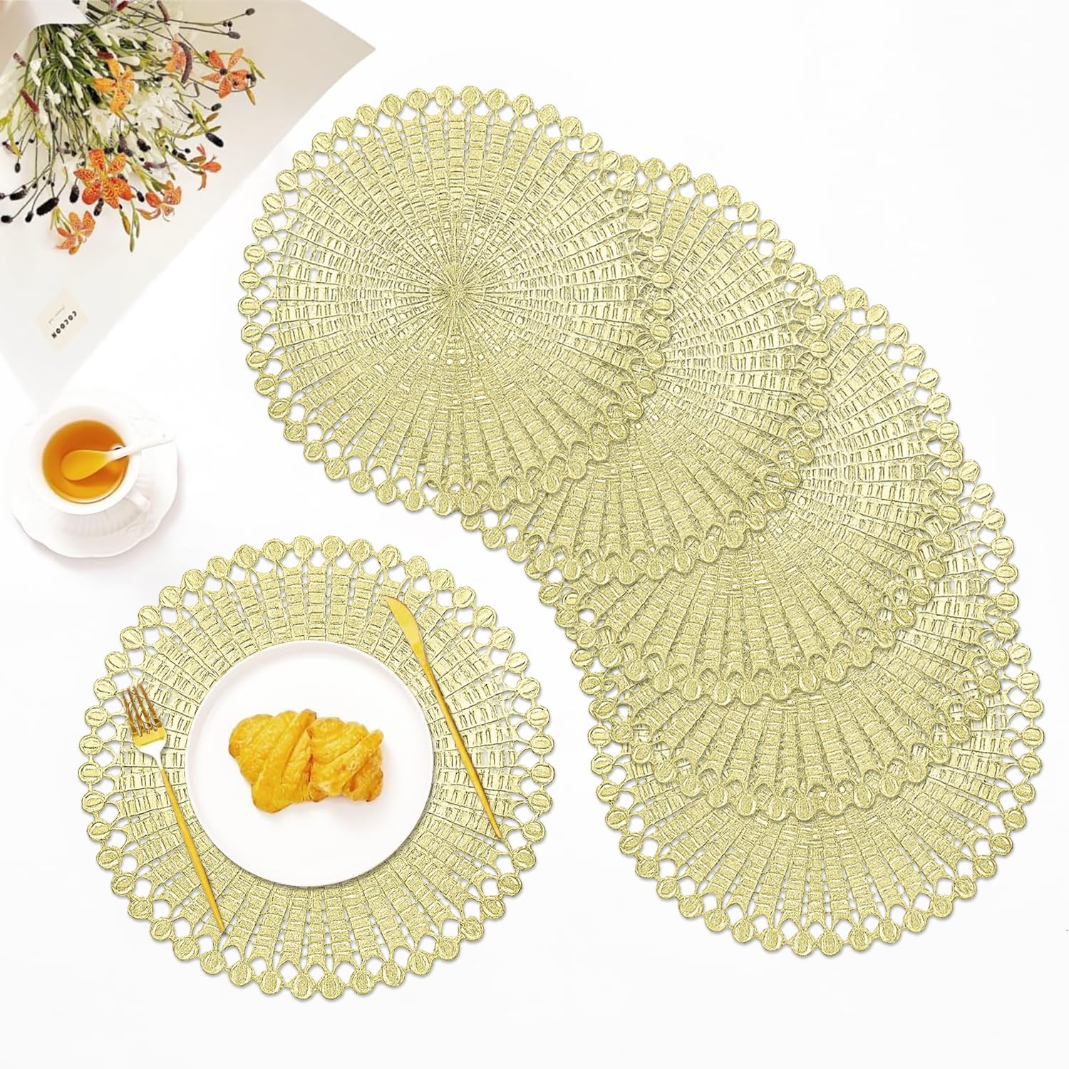 LUXE HOME INTERNATIONAL PVC Vinyl Metallic Table Round Placemats for Dining Table Gold, Heat Resistant & Waterproof | Easy to Clean Decorative Dining Mats - (Set of 6) ST055TJ-3MJ