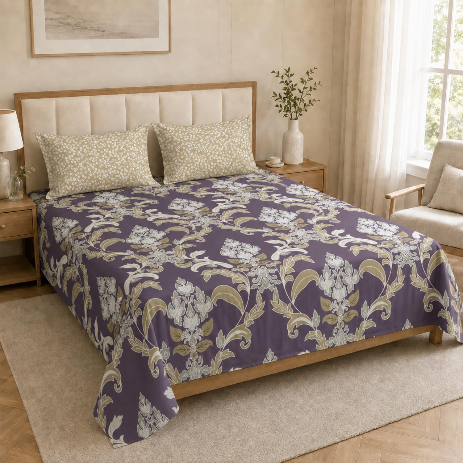Double Bedsheet with 2 Pillow Covers 220 TC 100% Cotton Feel ( King Size Purple 90x100inch )