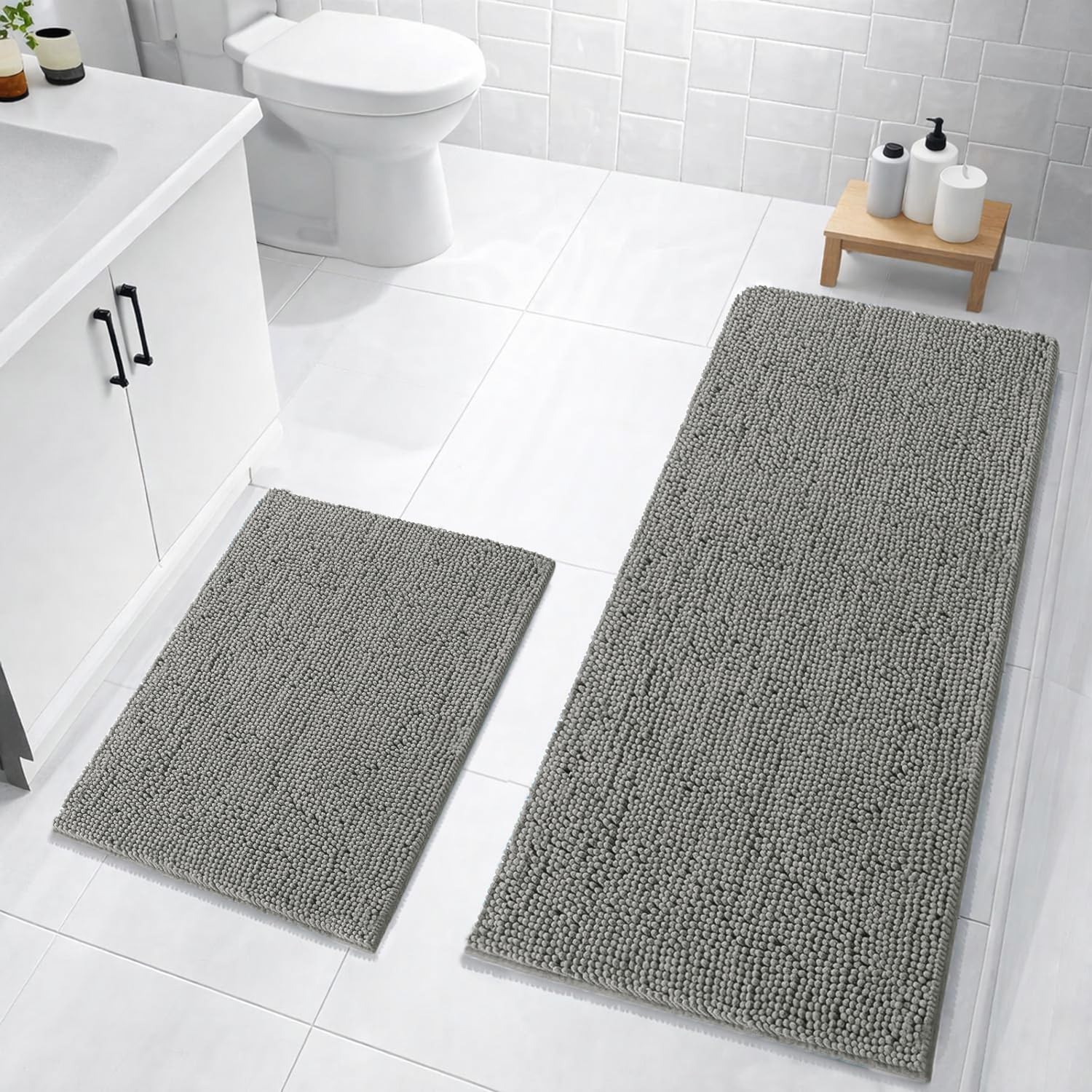 Chenille Super Absorbent Bath Mats  Pack of 2 (40x60cm 60x120cm Grey)