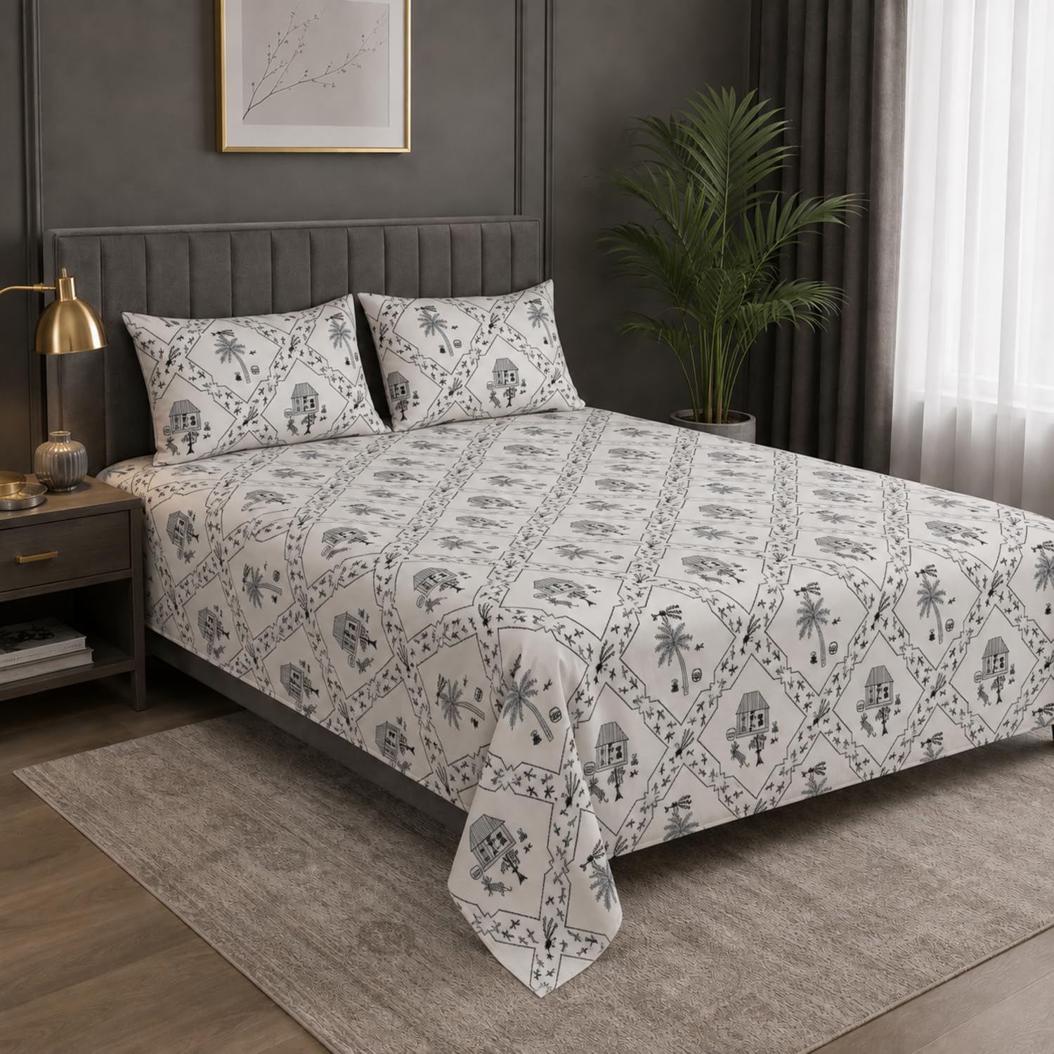 Double Bedsheet with 2 Pillow Covers Premium Indigo Village Toile Printed Soft & Breathable Bed Sheet for King Size Wrinkle Free All-Season Blue 90x100inch