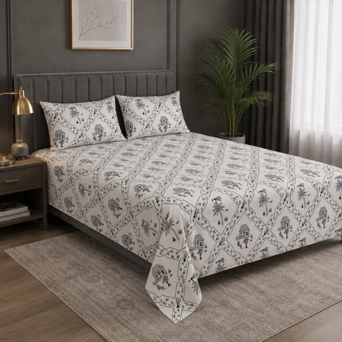 King Size Double Bedsheet with 2 Pillow Covers Premium Indigo Village Toile Printed 90x100inch