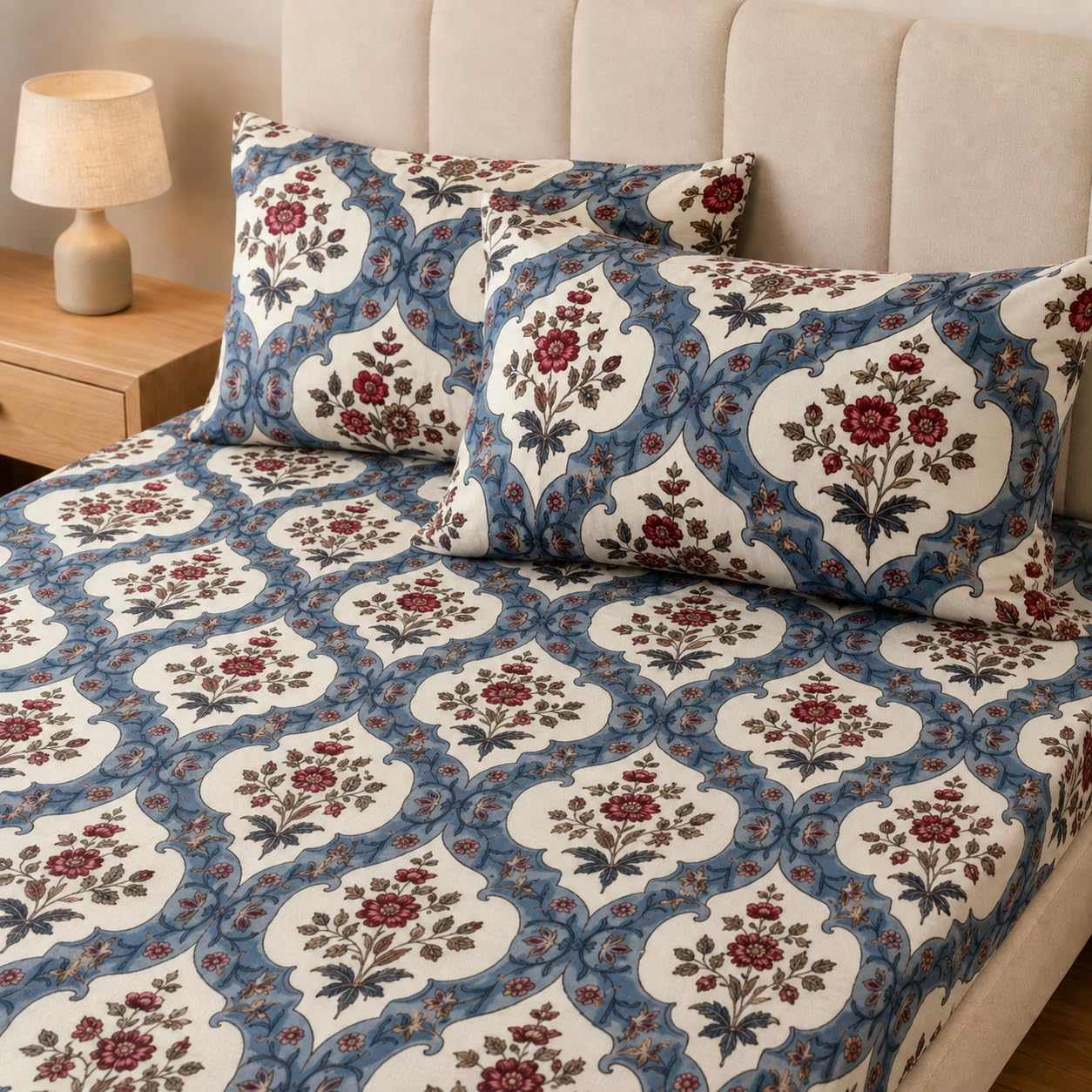 King Size Double Bedsheet with 2 Pillow Covers Premium Mughal Medallion Printed 90x100 inch