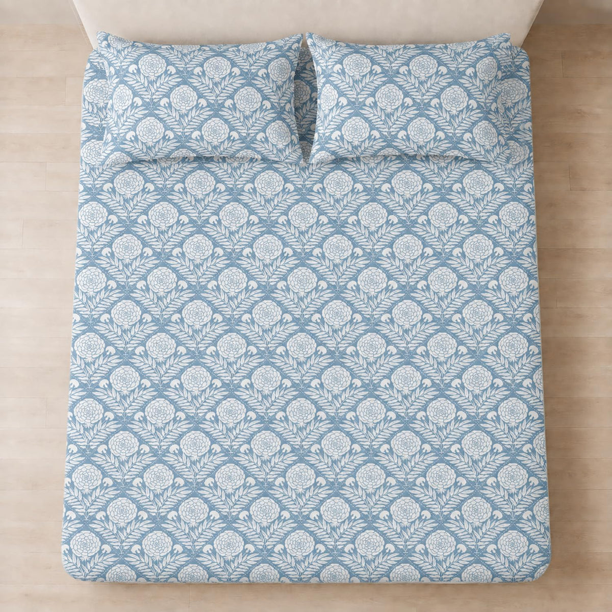 Double Bedsheet with 2 Pillow Covers Premium 240 TC 100% Cotton Feel ( King Size Blue 108x108 inch )