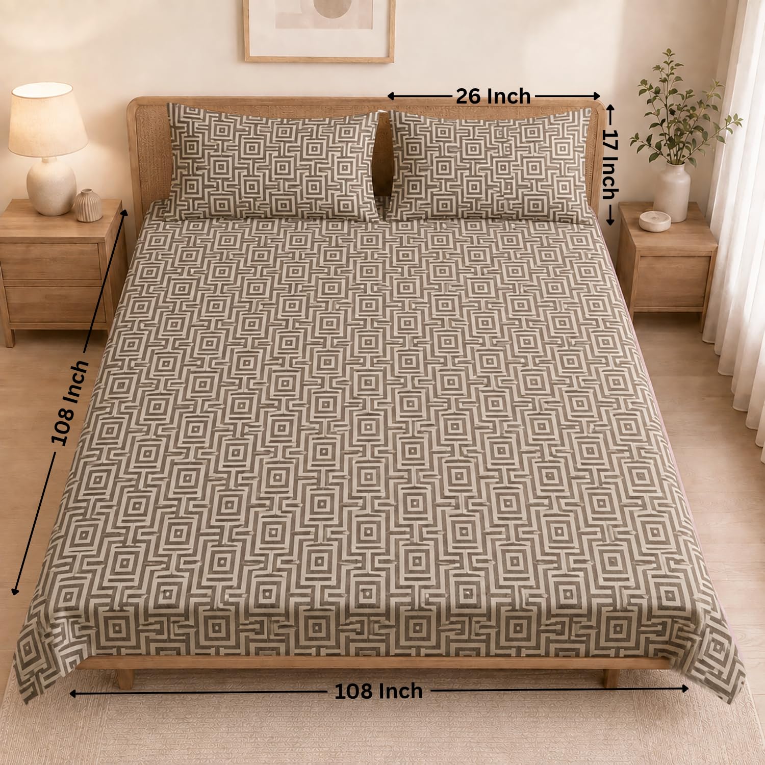 Double Bedsheet with 2 Pillow Covers Premium 240 TC 100% Cotton Feel ( King Size  Beige 108x108inch )
