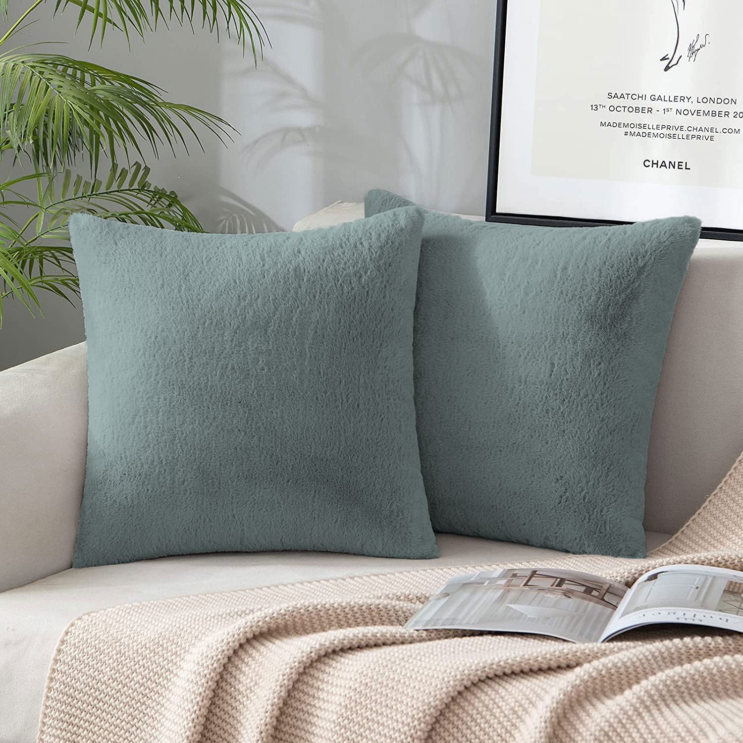 Cushion Cover One Side Rabbit Fur Pack of 2 (16 x 16 inch,Seige)