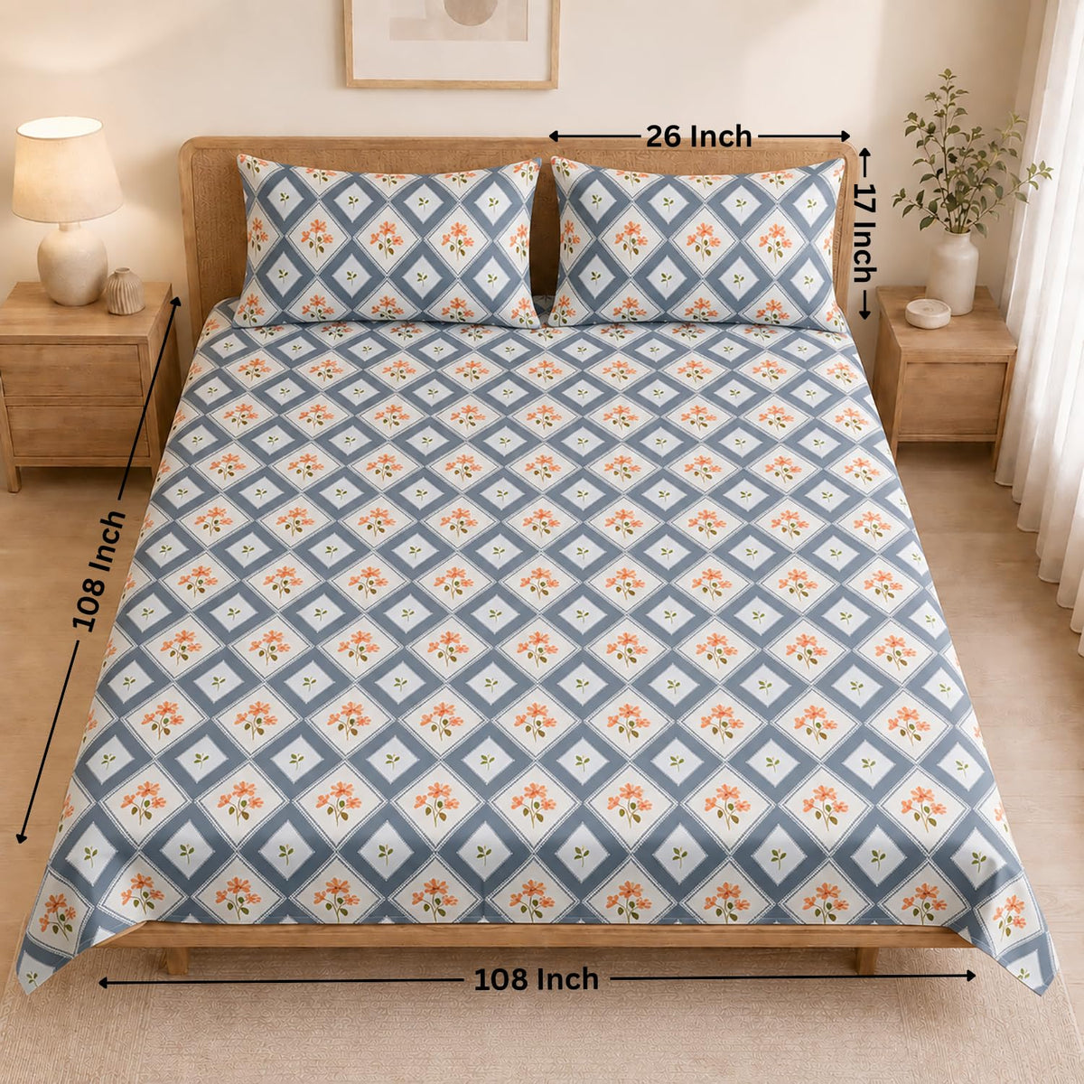 Double Bedsheet with 2 Pillow Covers Premium 240 TC 100% Cotton Feel (108x108 inch , Blue )