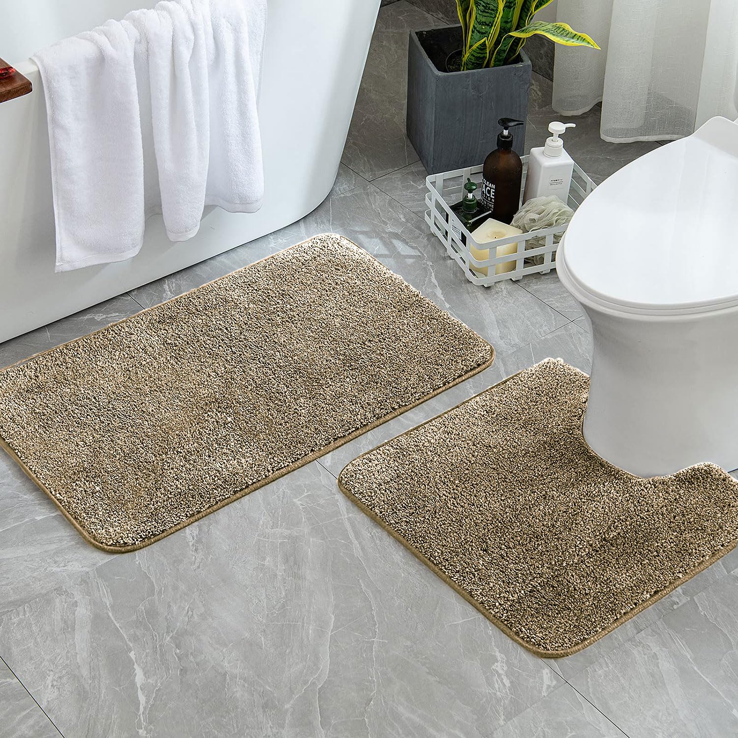 Newman Polyester Contour Bath Mat Set of 2 (Beige 45x75 cm & 40x45)