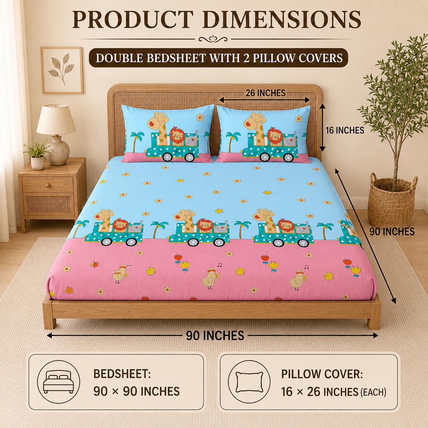 Double Bedsheet With 2 Pillow Covers Triangles Pattern 200 TC 100% Cotton Feel ( Queen Size 90x90 Inch Grey Set Of 3 )