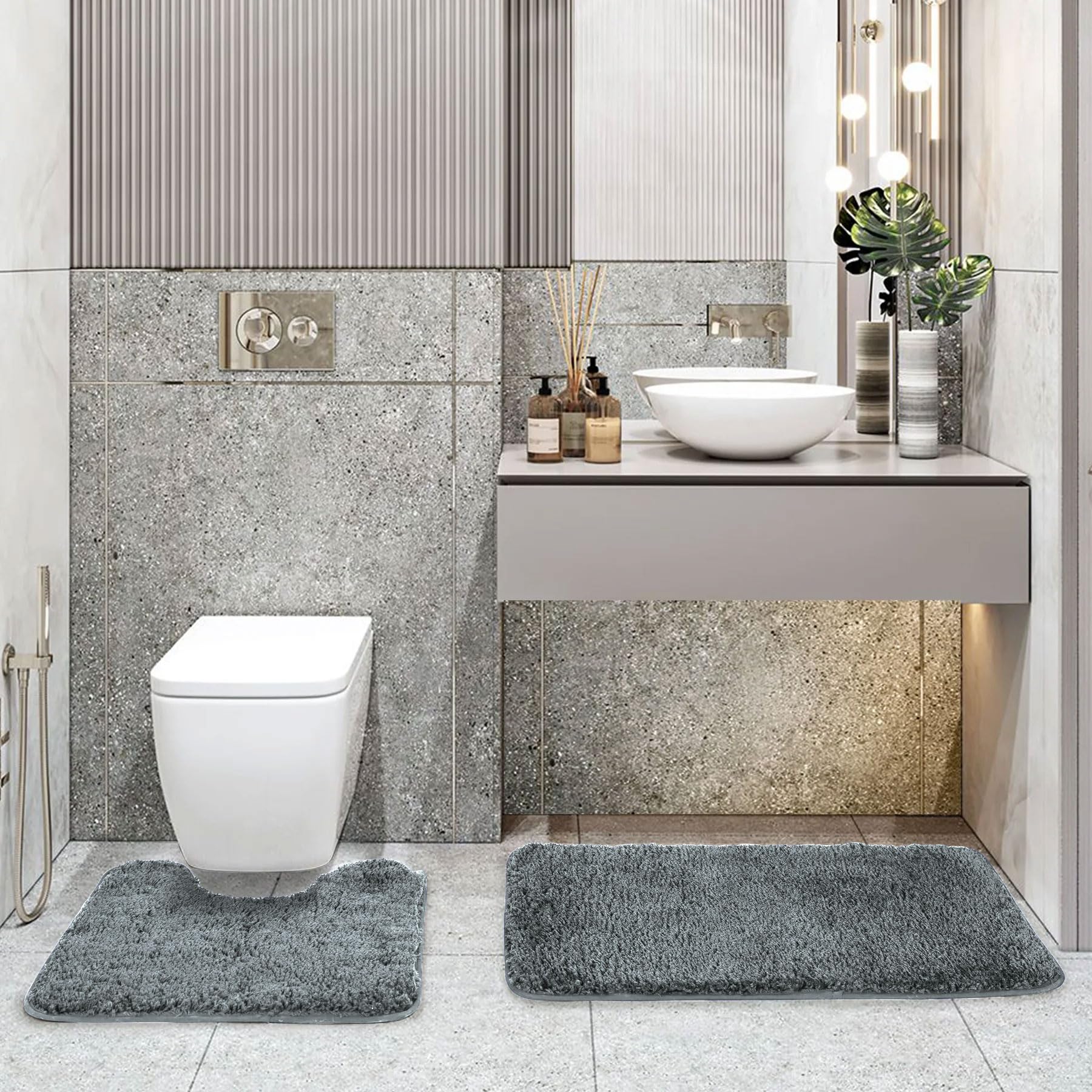 Polyester Contour Bath Mat Set (Grey , 45x 75 cm & 40x45)