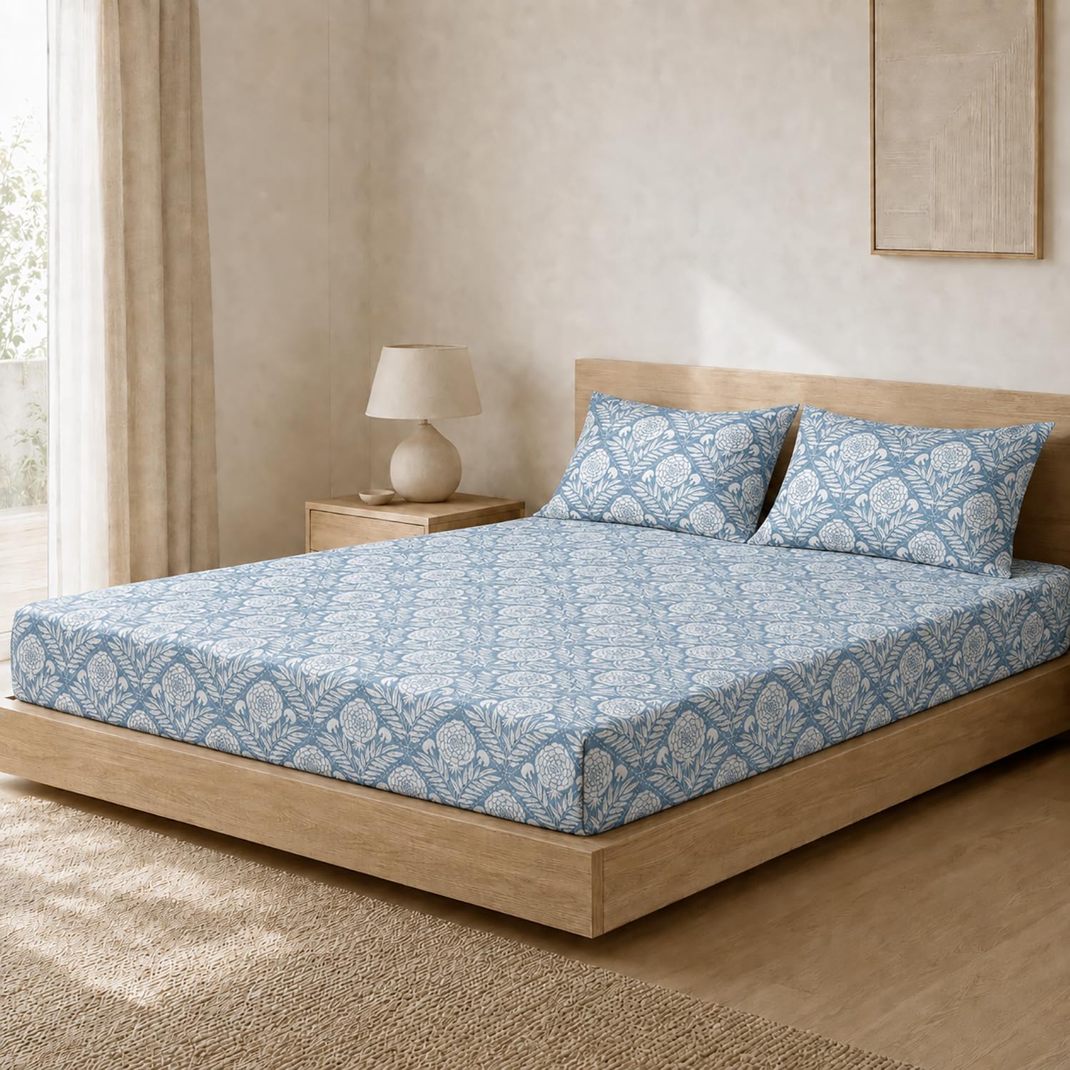 Double Bedsheet with 2 Pillow Covers Premium 240 TC 100% Cotton Feel ( King Size Blue 108x108 inch )