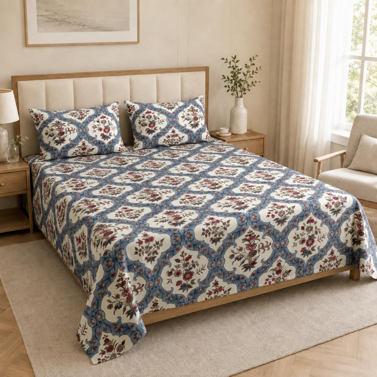 Double Bedsheet with 2 Pillow Covers 220 TC 100% Cotton Feel ( King Size Blue 90x100 inch )