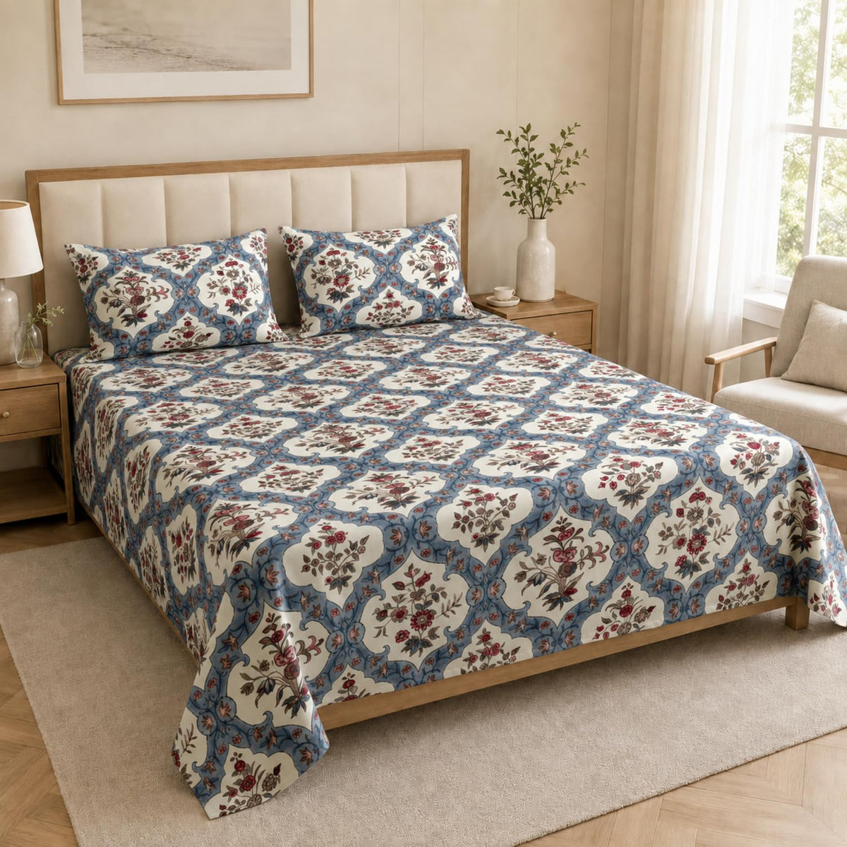 King Size Double Bedsheet with 2 Pillow Covers Premium Mughal Medallion Printed 90x100 inch