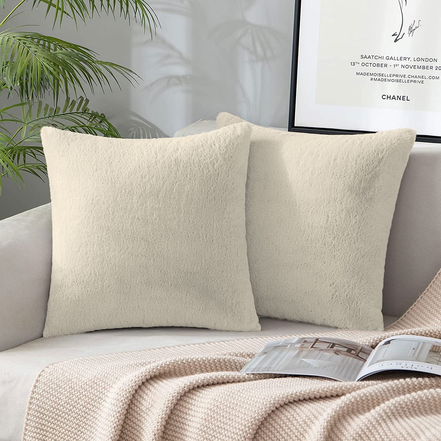 Cushion Cover One Side Rabbit Fur Pack of 2 (16 x 16 inch,Beige)
