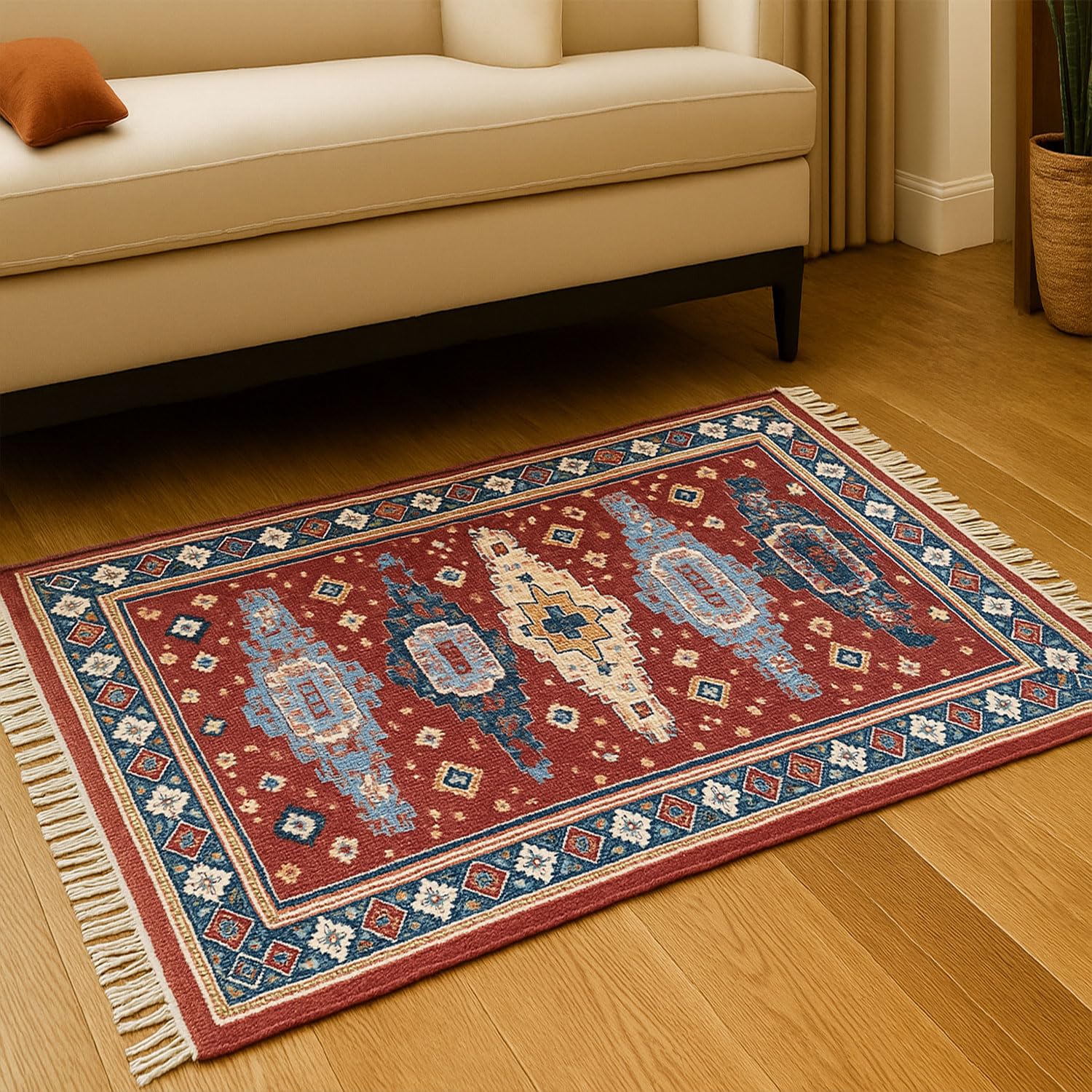 Polyester Killim Design Carpets with Tassel Latex Backing (4x6 ft, Multi)