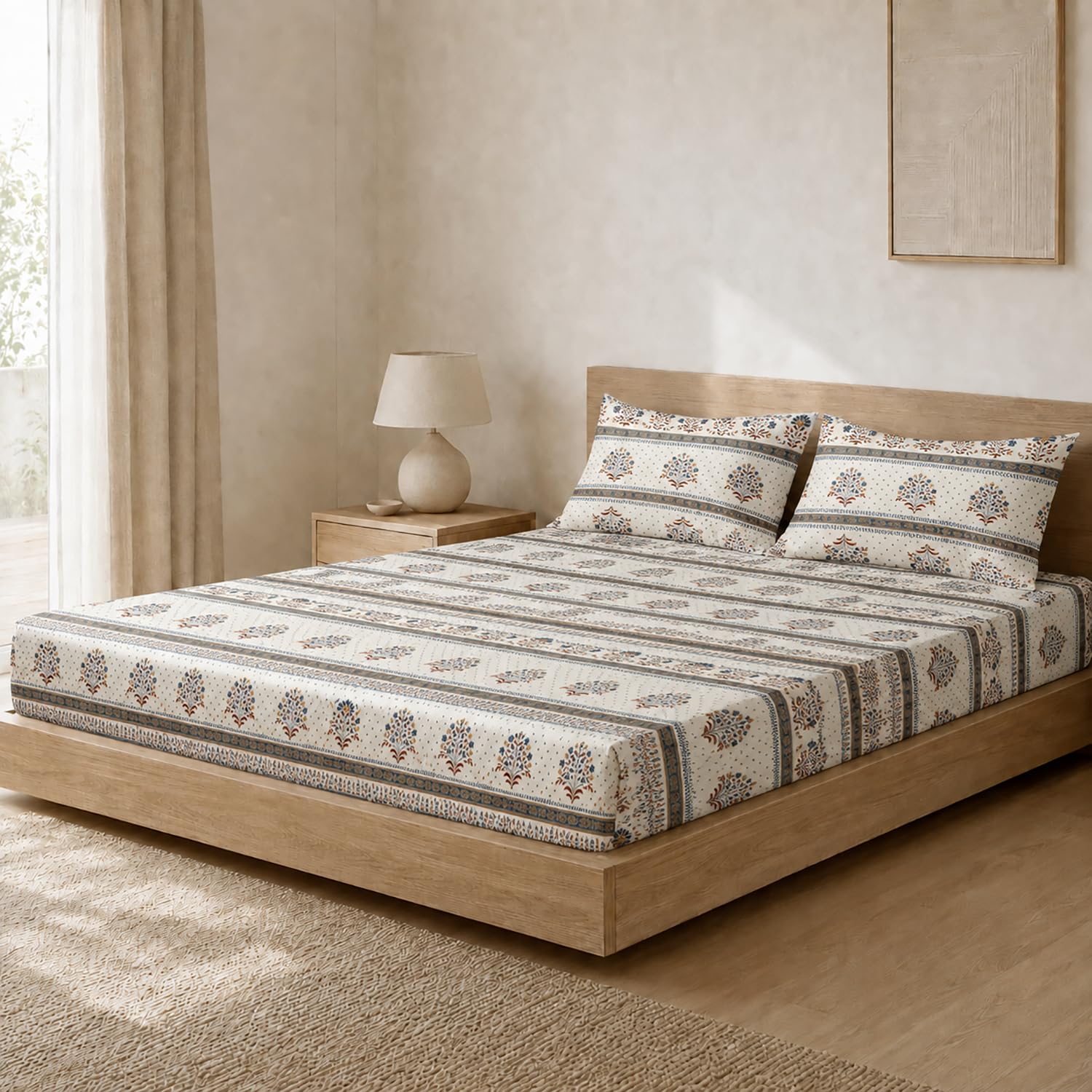Double Bedsheet with 2 Pillow Covers Premium 240 TC 100% Cotton Feel ( King Size Ivory Blue 108x108 inch )