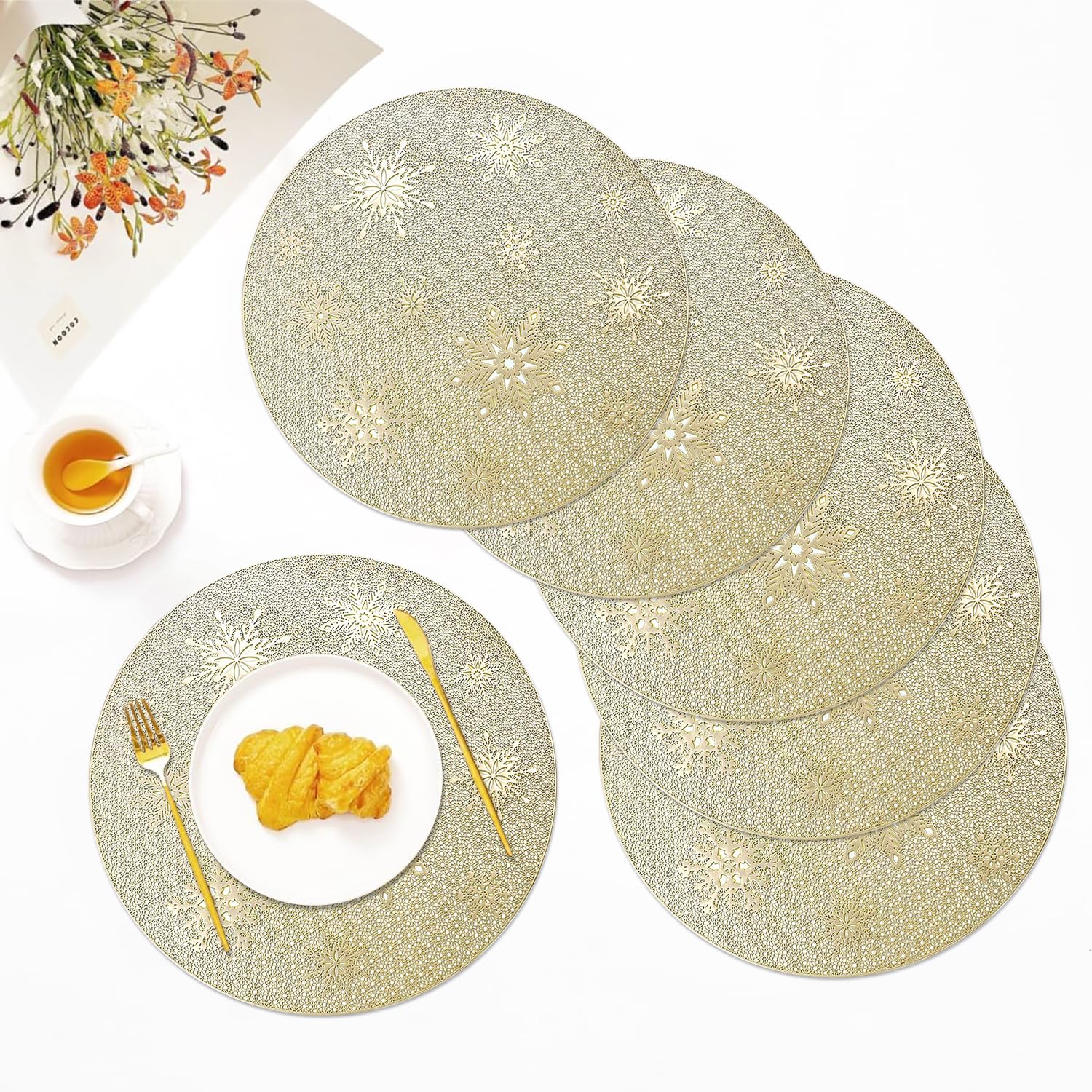 Round Table Placemats for Dining Table Set of 6(Gold)