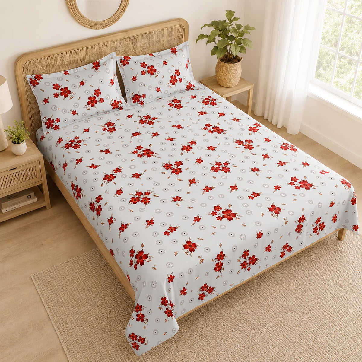 Double Bedsheet With 2 Pillow Covers Circle Pattern 200 TC 100% Cotton Feel ( Queen Size 90x90 Inch Yellow Set Of 3 )