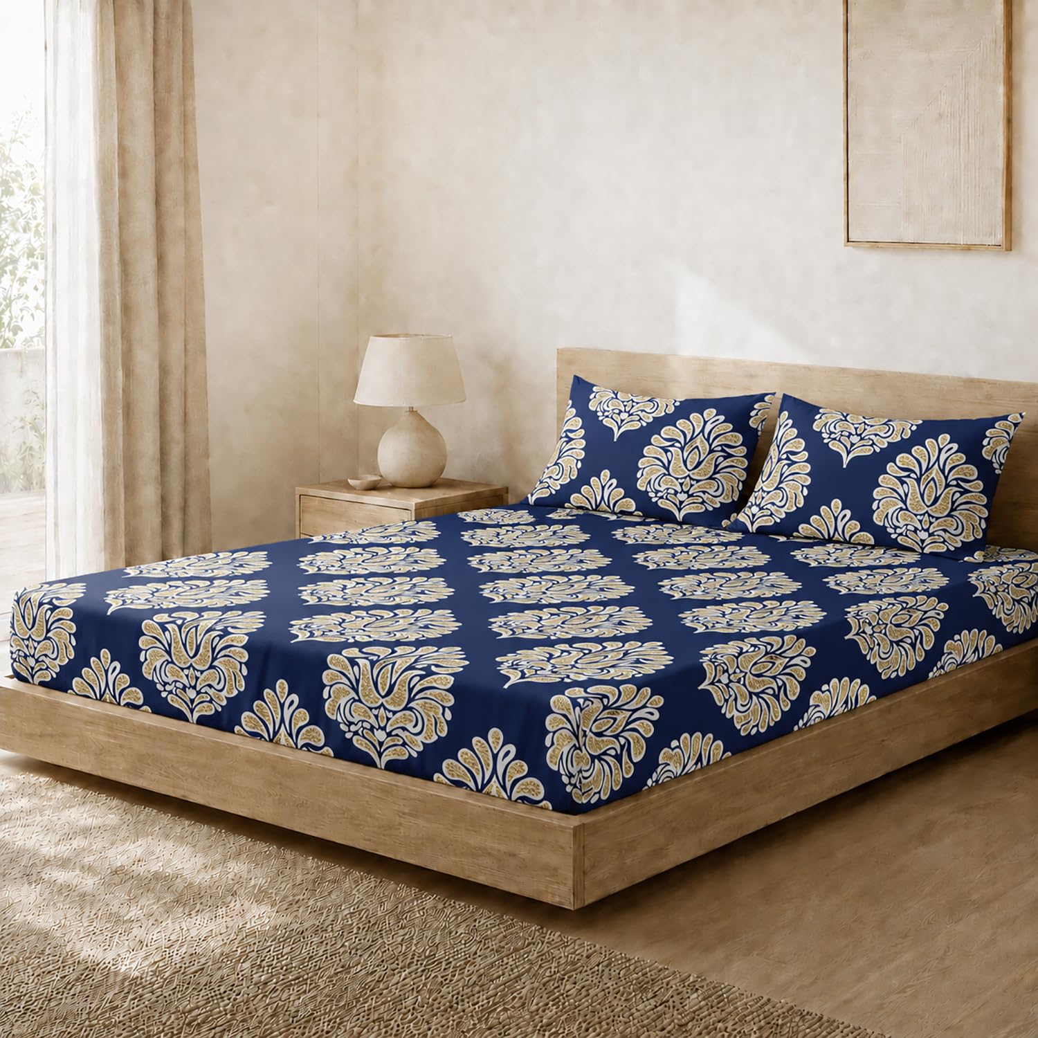 Double Bedsheet with 2 Pillow Covers Premium 240 TC 100% Cotton Feel ( King SizeNavy 108x108 inch )