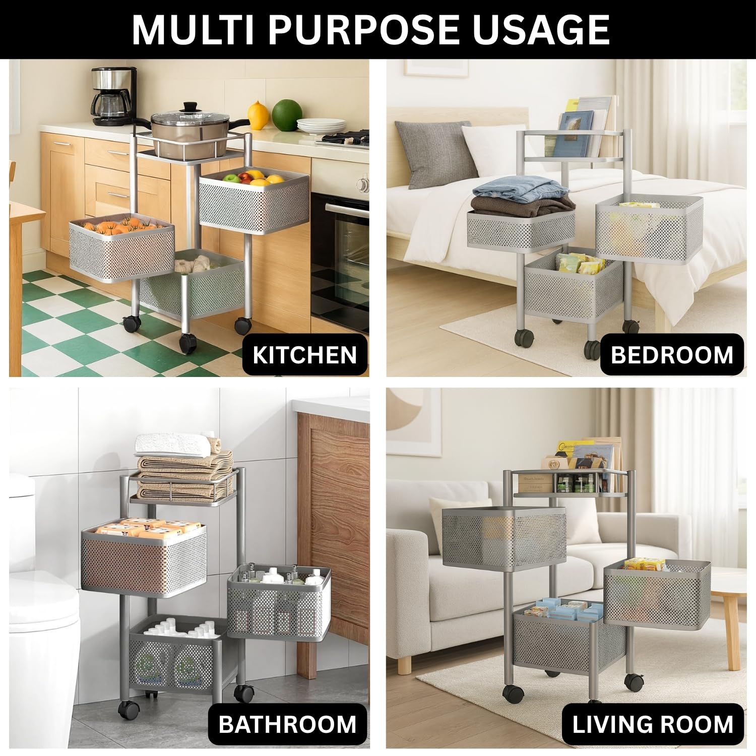 3-Tier Revolving Kitchen Trolley with Wheels (Silver 29x29x65)