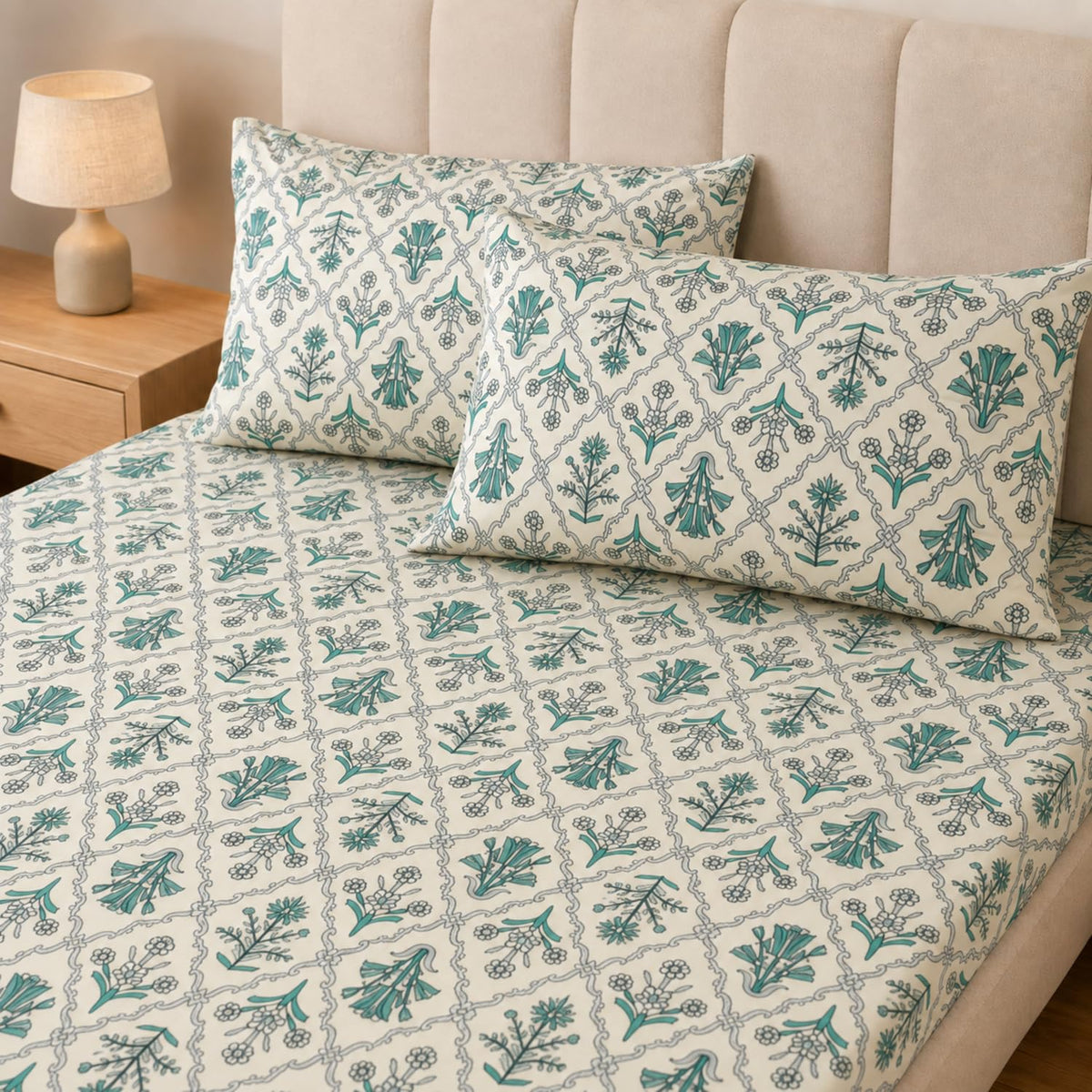 Double Bedsheet with 2 Pillow Covers 220 TC 100% Cotton Feel ( Green , 90x100 inch )