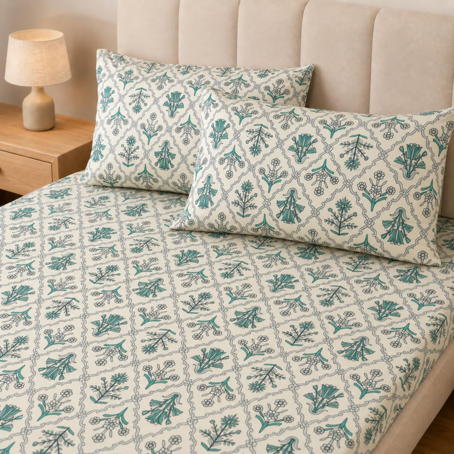 king Size Double Bedsheet with 2 Pillow Covers Premium Botanical Block Printed  90x100 inch