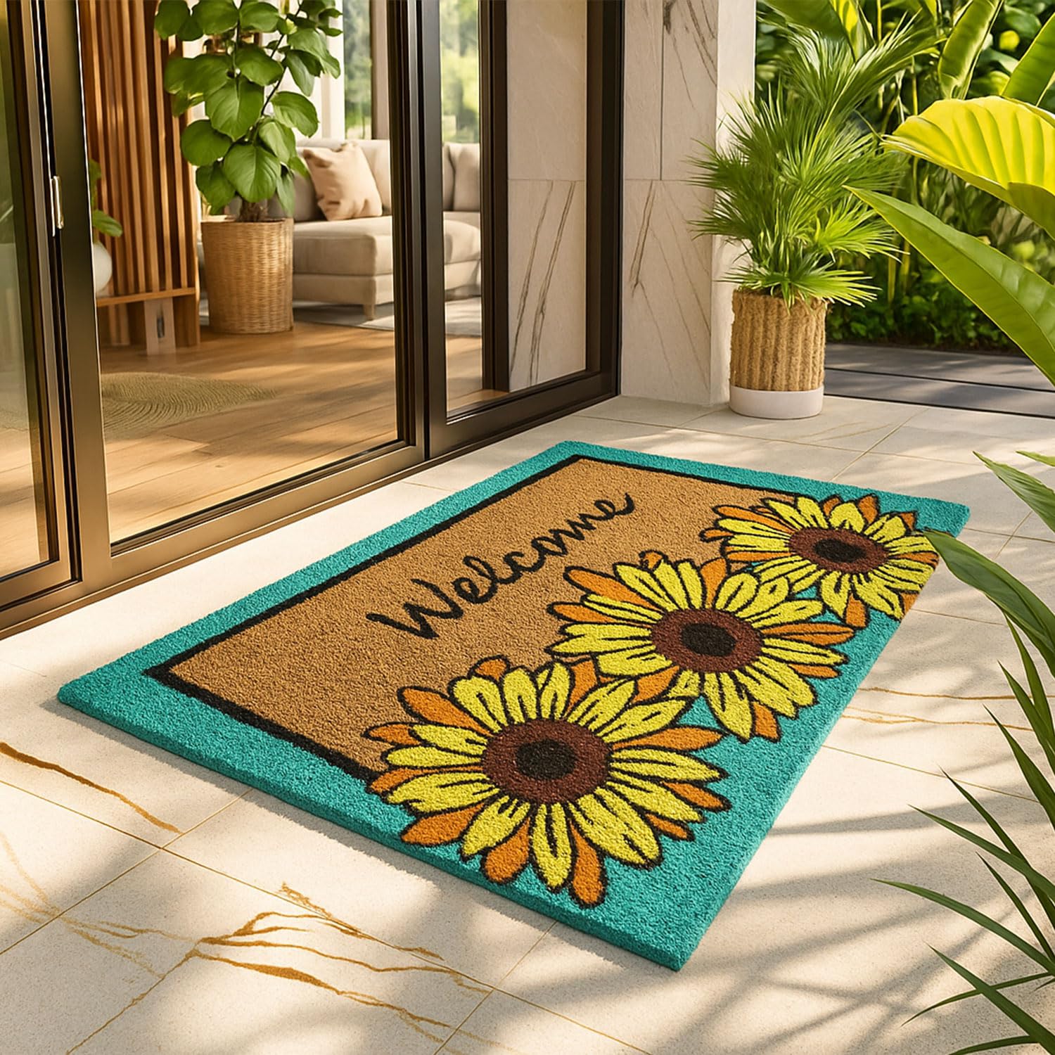 Coir Doormat for Home Entrance (Welcome Floral Print Design ,71x45 cm)