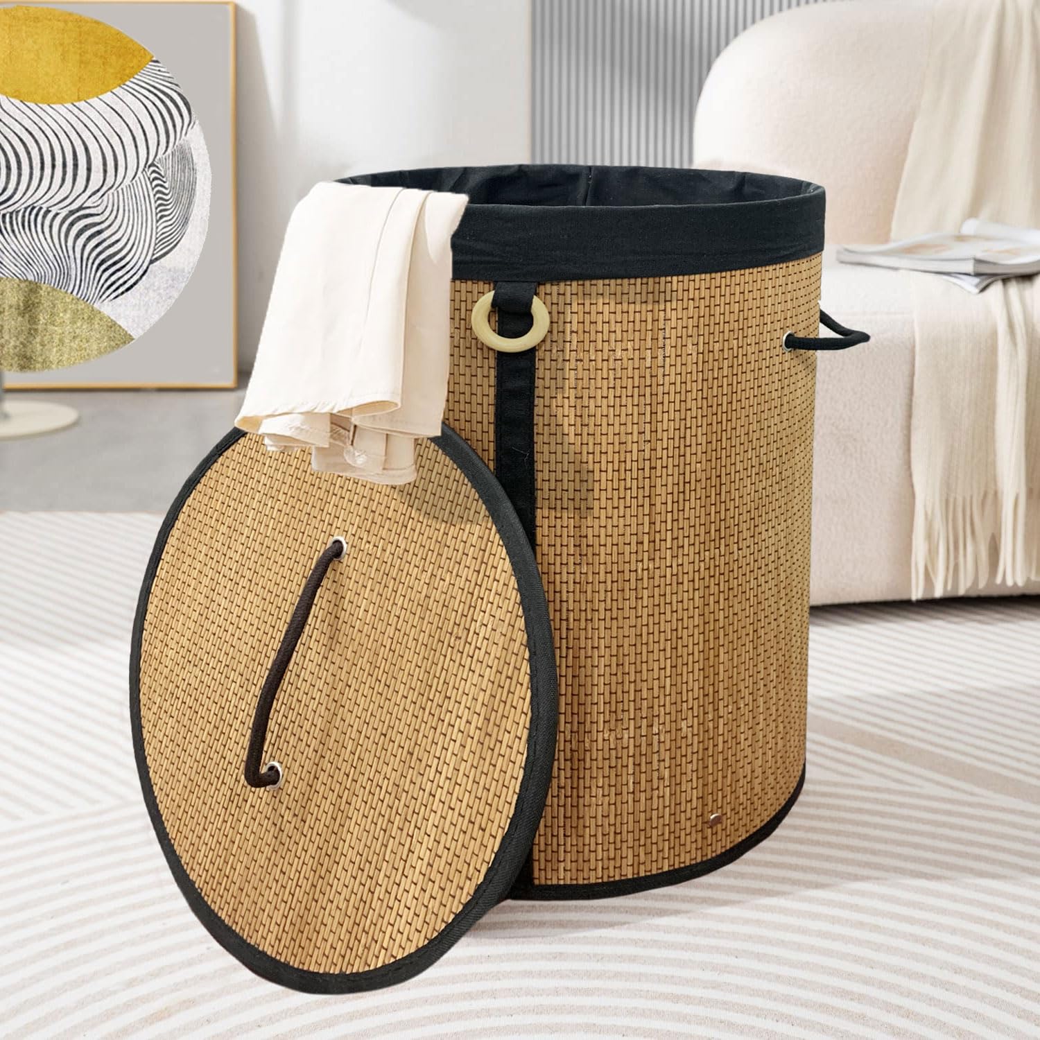Round Bamboo Laundry Basket with Lid (Natural, 35x35x50 cm)