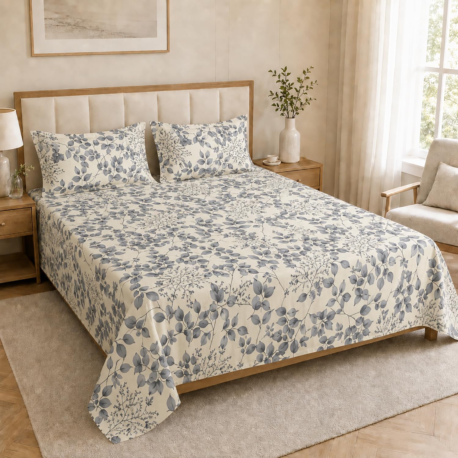 Double Bedsheet with 2 Pillow Covers 220 TC 100% Cotton Feel ( King Size Grey &White 90x100 inch )