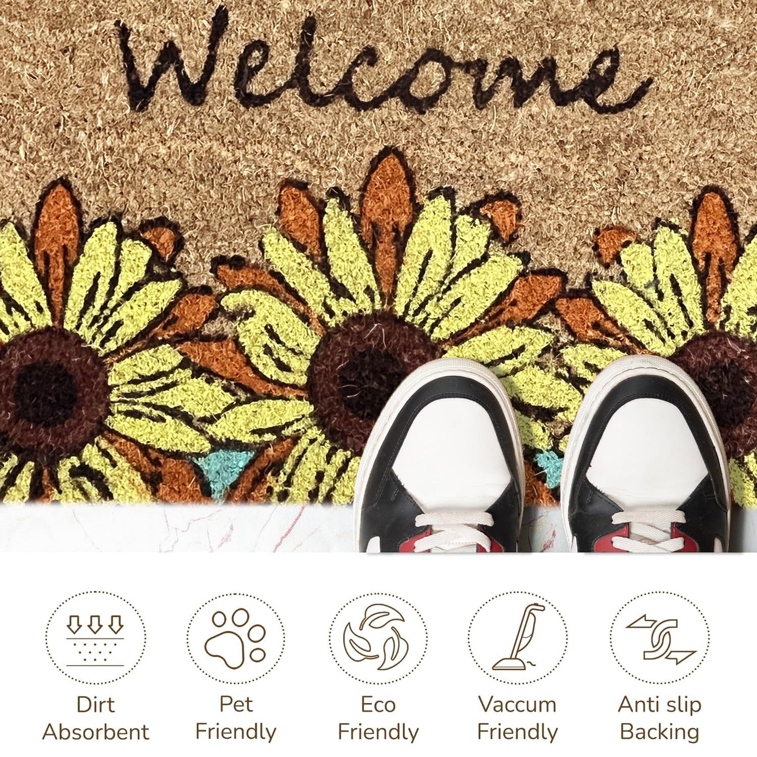 Coir Doormat for Home Entrance (Welcome Floral Print Design ,71x45 cm)