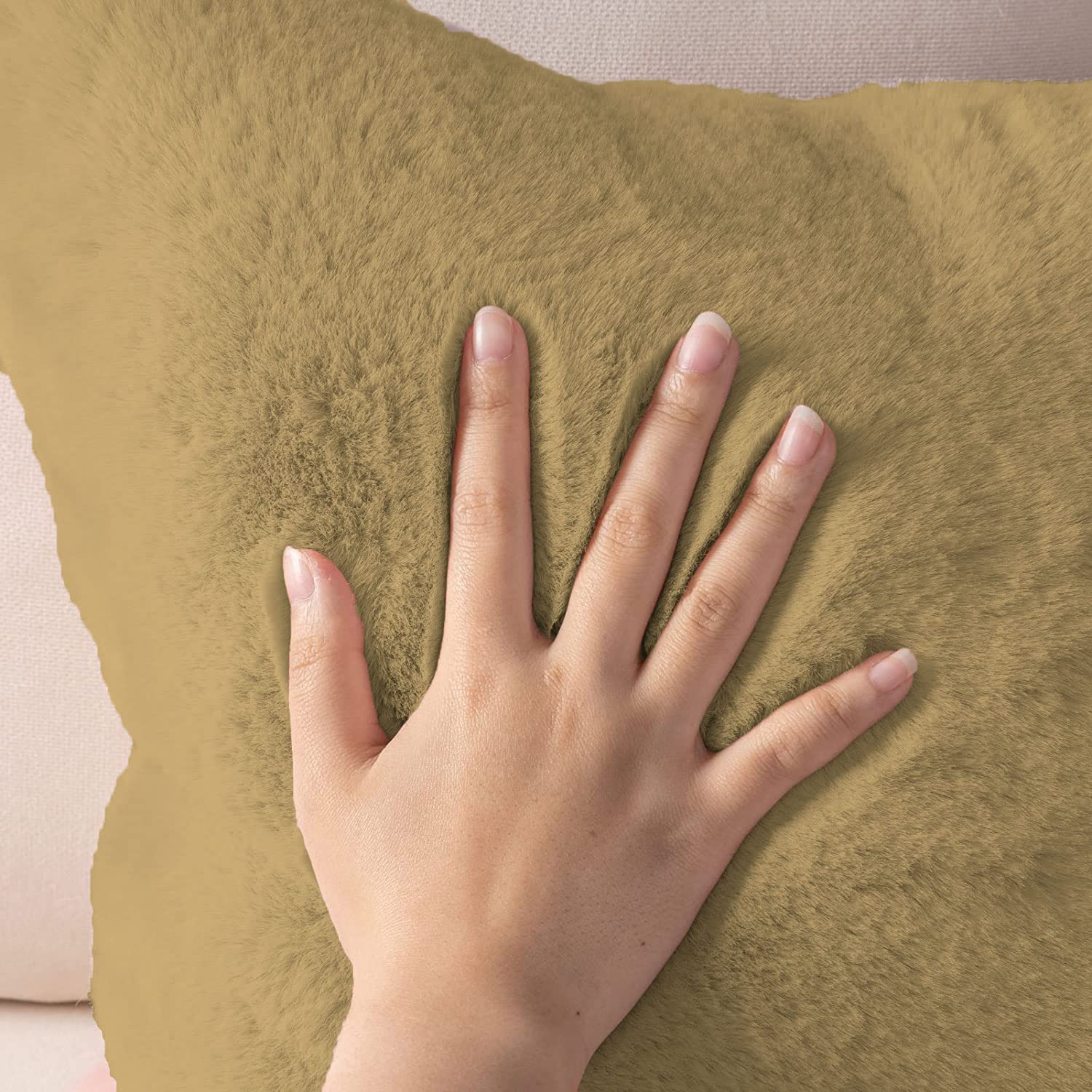 Cushion Cover One Side Rabbit Fur Pack of 2 (16 x 16 inch,Anti-Gold)