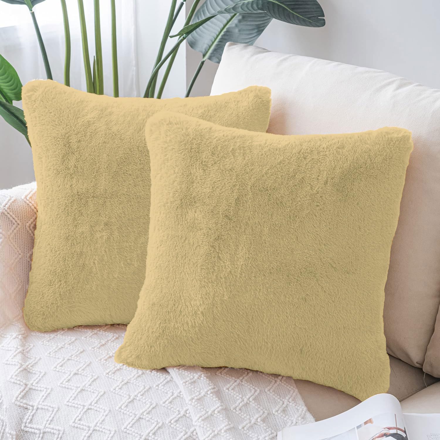 Cushion Cover Duble Side Rabbit Fur Set of 2(16 x 16 inch ,Gold)