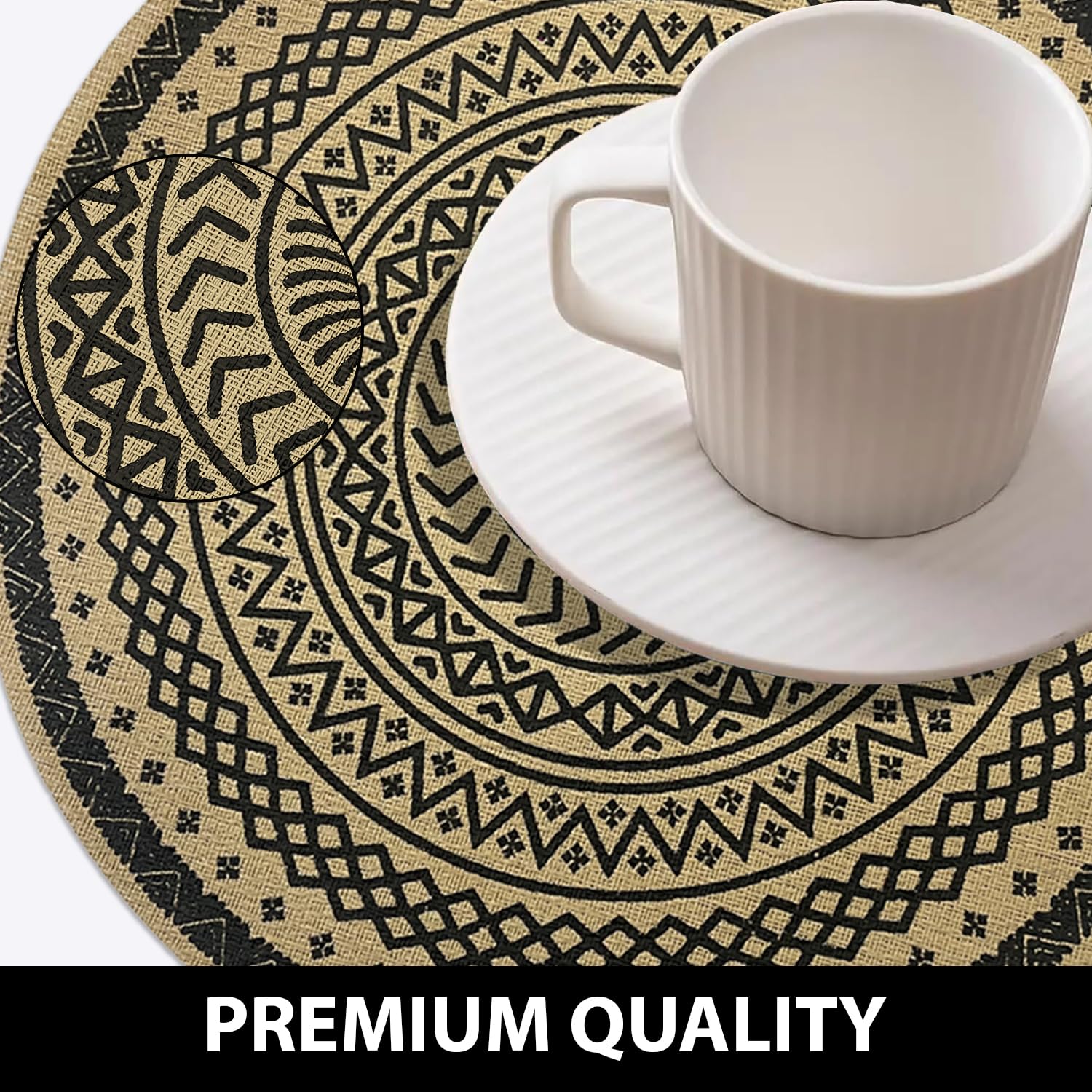 LUXE HOME INTERNATIONAL PVC Vinyl Metallic Table Round Placemats for Dining Table Mandala Black, Heat Resistant & Waterproof | Easy to Clean Decorative Dining Mats - (Set of 2) STSWY0077