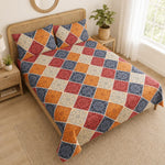 Double Bedsheet With 2 Pillow Covers Leefs Pattern 200 TC 100% Cotton Feel ( Queen Size 90x90 Inch Blue Set Of 3 )