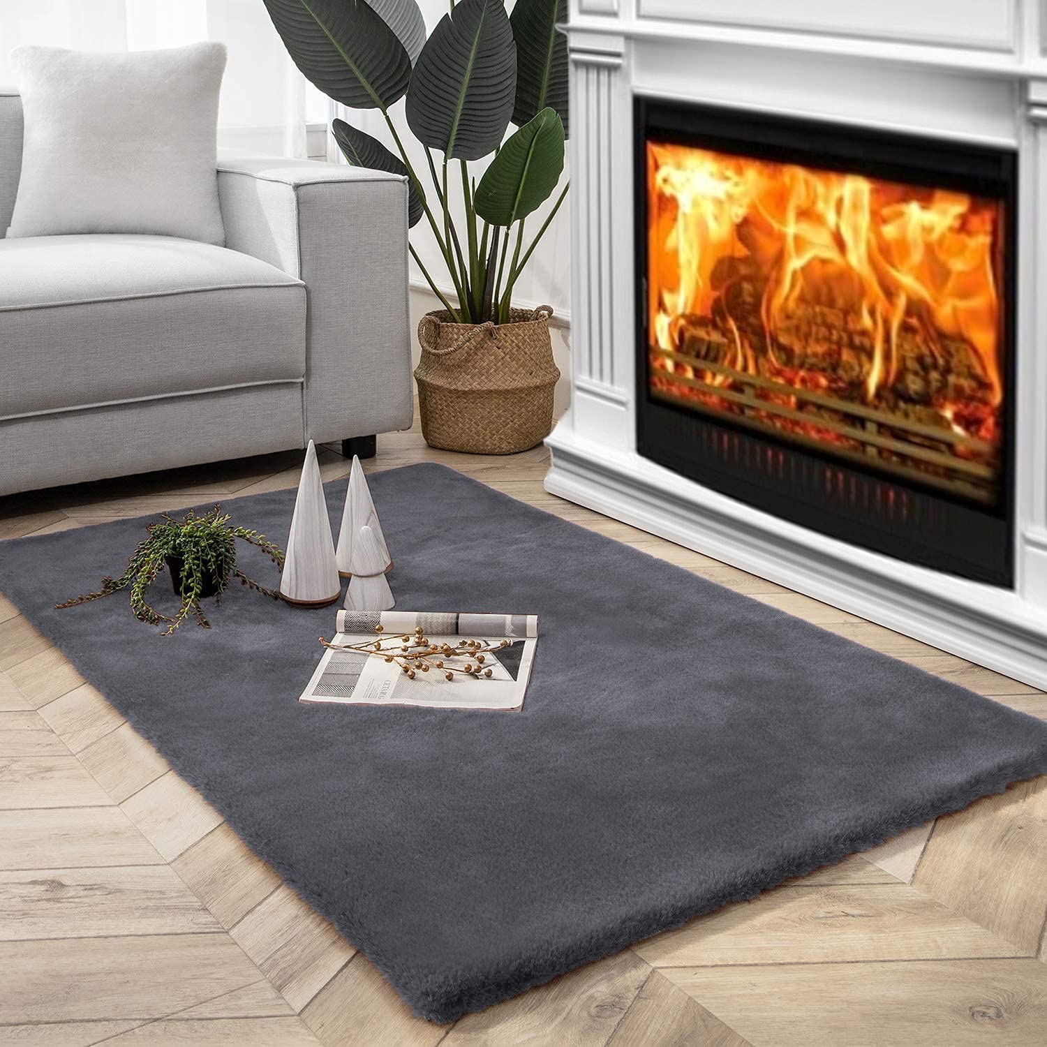 Rabbit Fur Soild Carpet (Grey, 3x5 Feet)