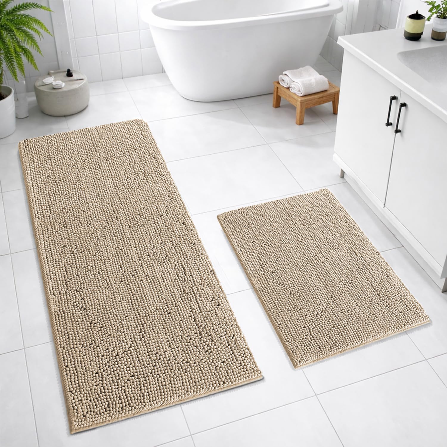 Chenille Super Absorbent Bath Mats  Pack of 2 (40x60cm 60x120cm Beige)