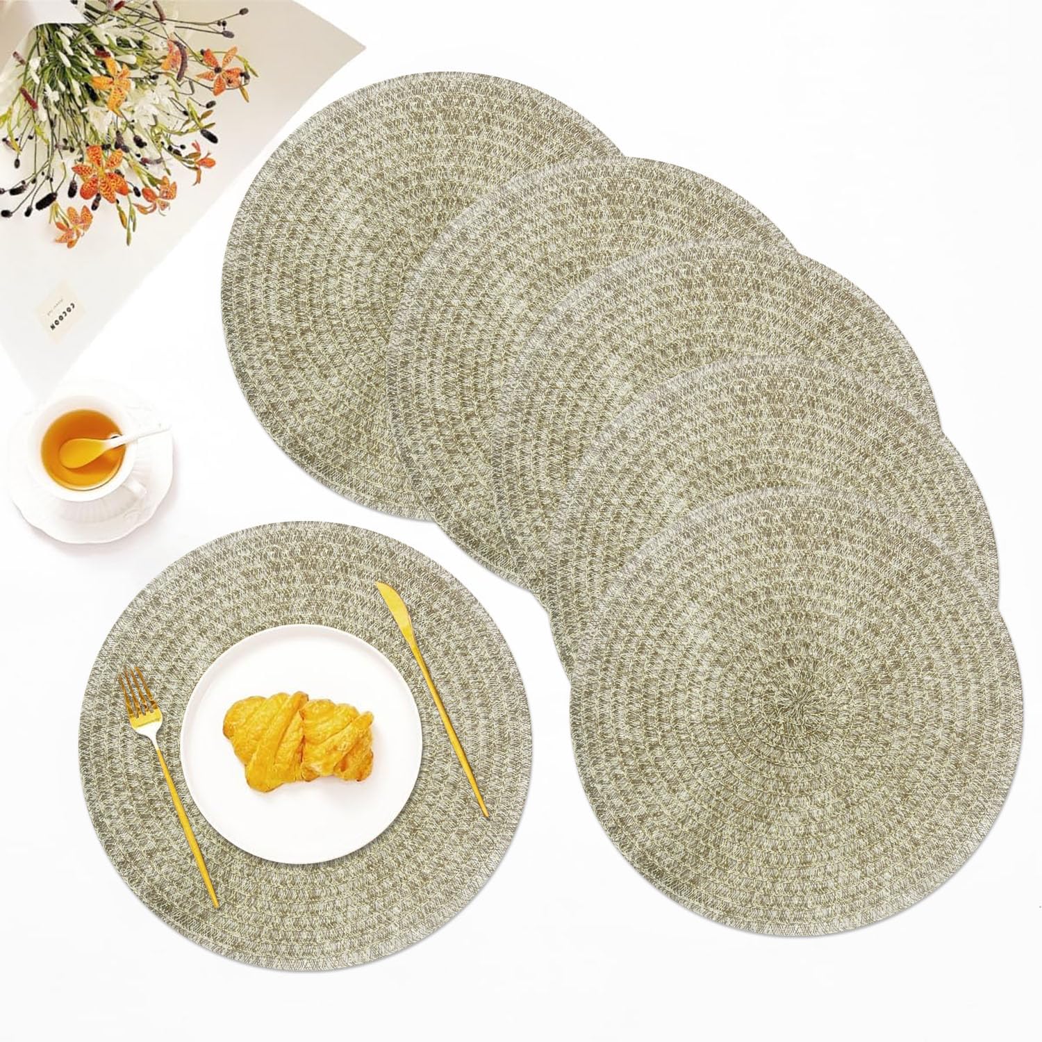 Round Table Placemats for Dining Table Set of 6(Light Gold)