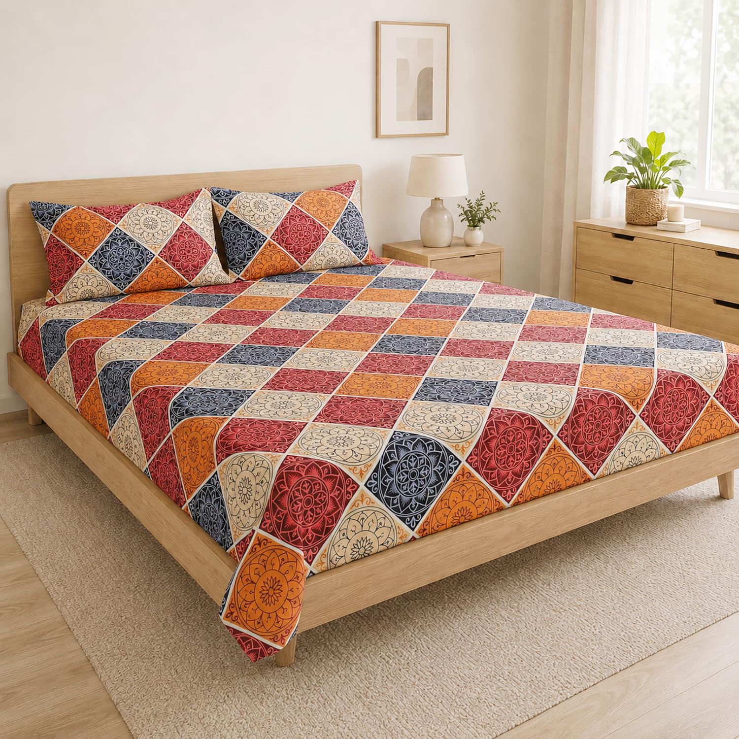 Double Bedsheet With 2 Pillow Covers Leefs Pattern 200 TC 100% Cotton Feel ( Queen Size 90x90 Inch Blue Set Of 3 )