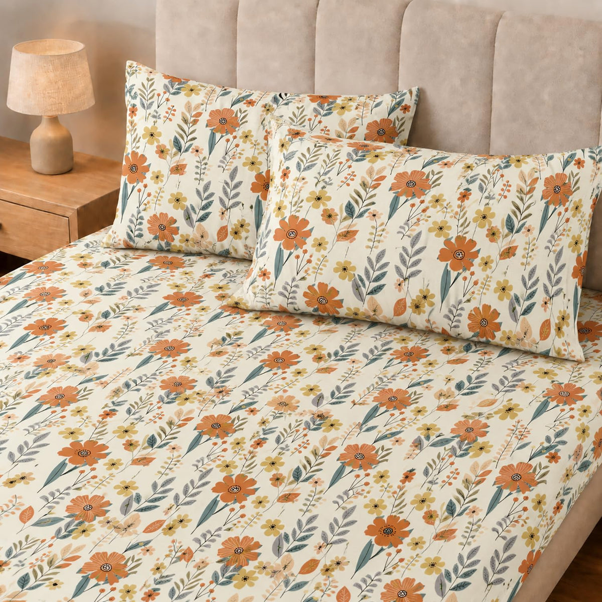 King Size Double Bedsheet with 2 Pillow Covers Premium Autumn Meadow Floral Printed 90x100inch