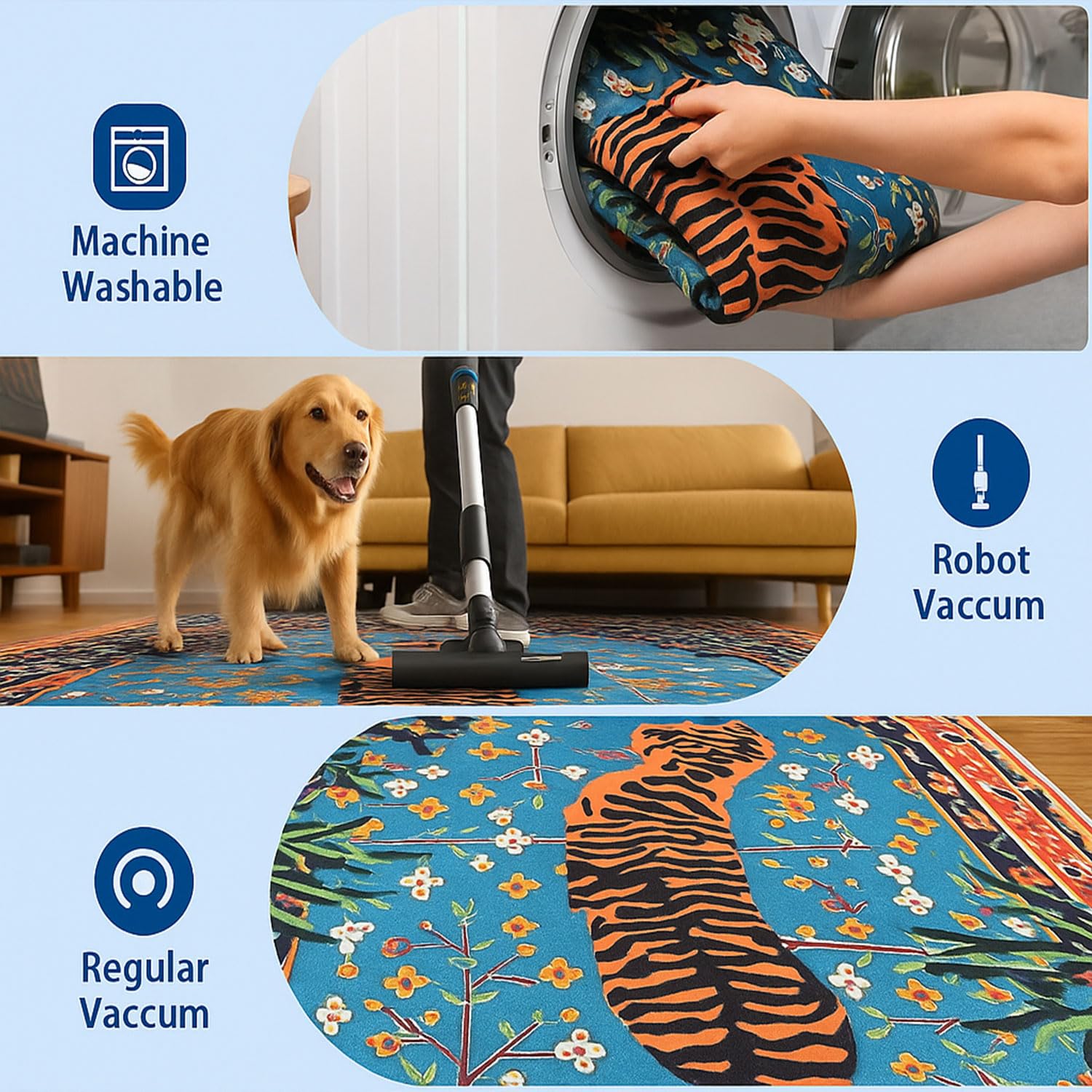 Polyester Blue Tiger Design Carpets with Tassel Latex Backing (3x5ft , Multi)