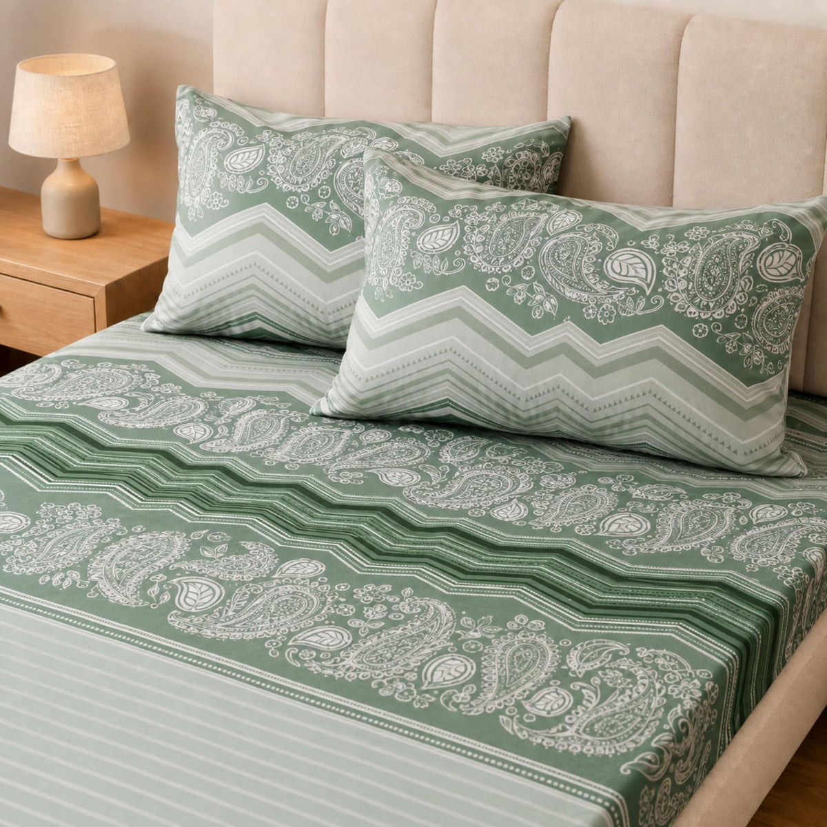 Double Bedsheet with 2 Pillow Covers 220 TC 100% Cotton Feel ( King Size Green 90x100inch )