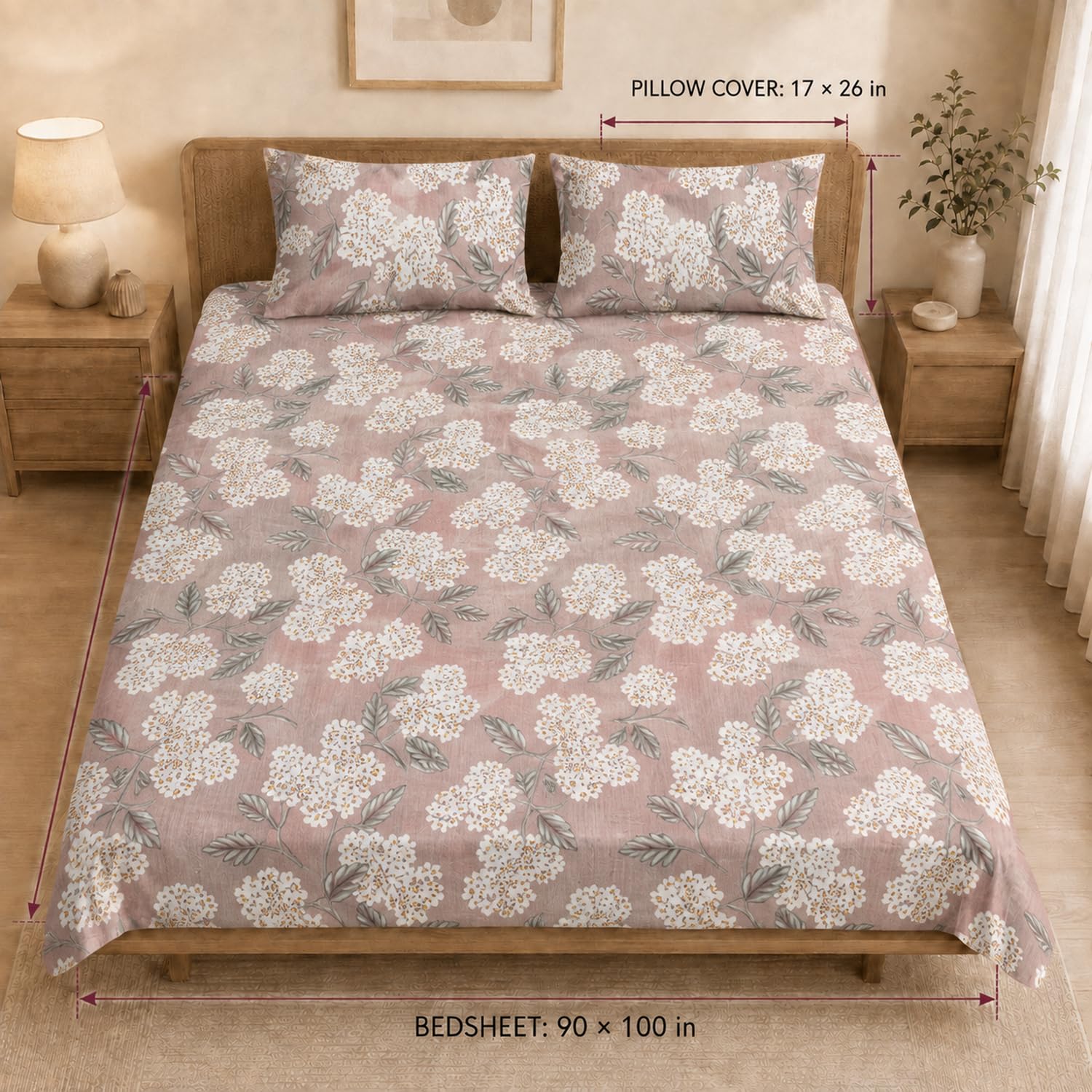 Double Bedsheet with 2 Pillow Covers 220 TC 100% Cotton Feel (King Size Dusty Rose  90x100 inch )