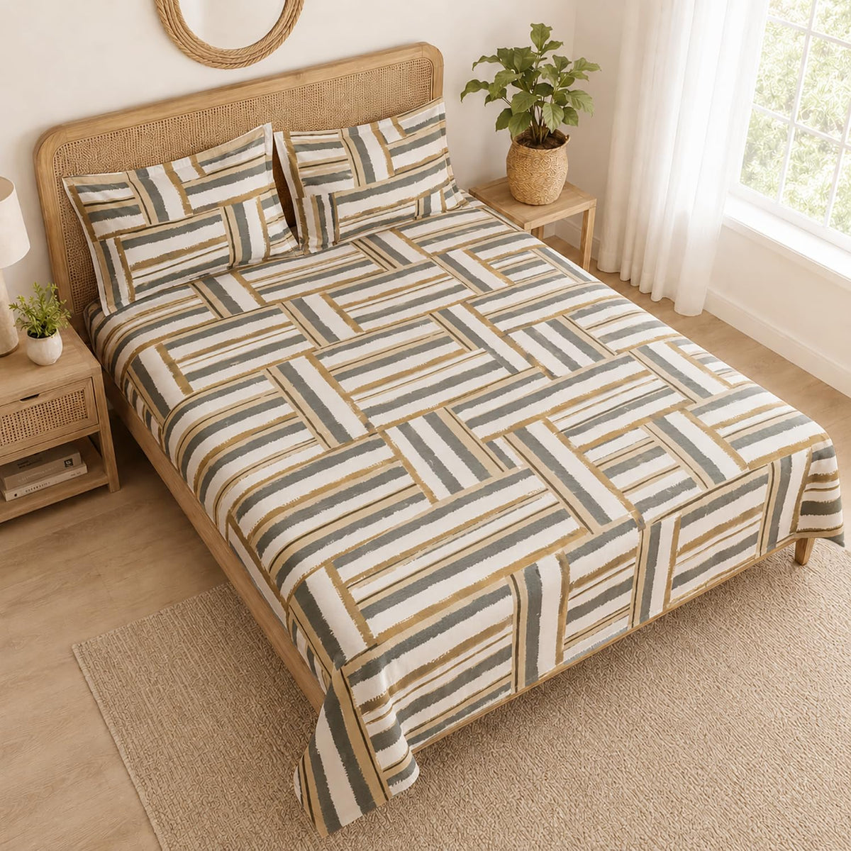 Double Bedsheet With 2 Pillow Covers Mandala Pattern 200 TC 100% Cotton Feel ( Queen Size 90x90 Inch White Set Of 3 )