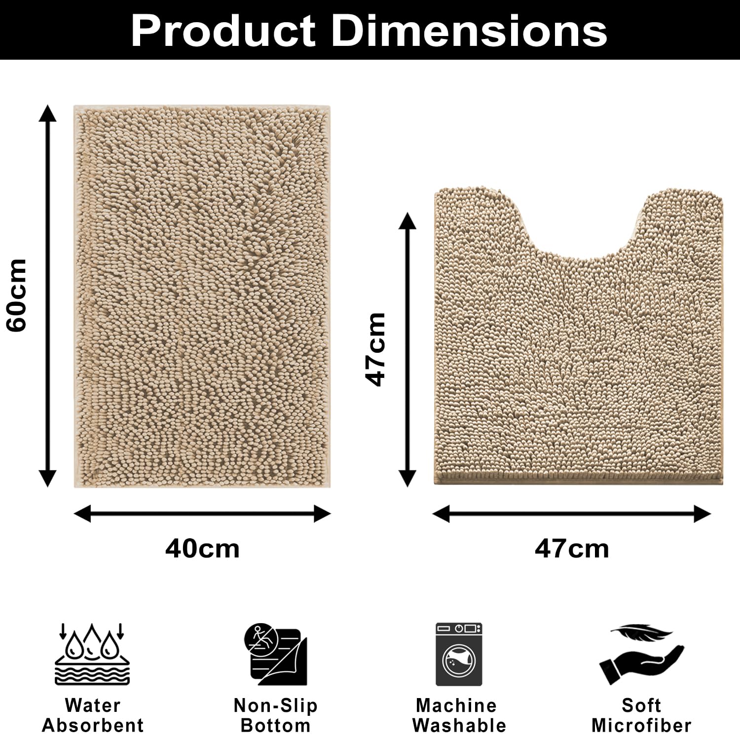 Microfibre Chenille Contour Bath Mat Set  Pack of 2 (Beige 40x60cm & 47x47cm)