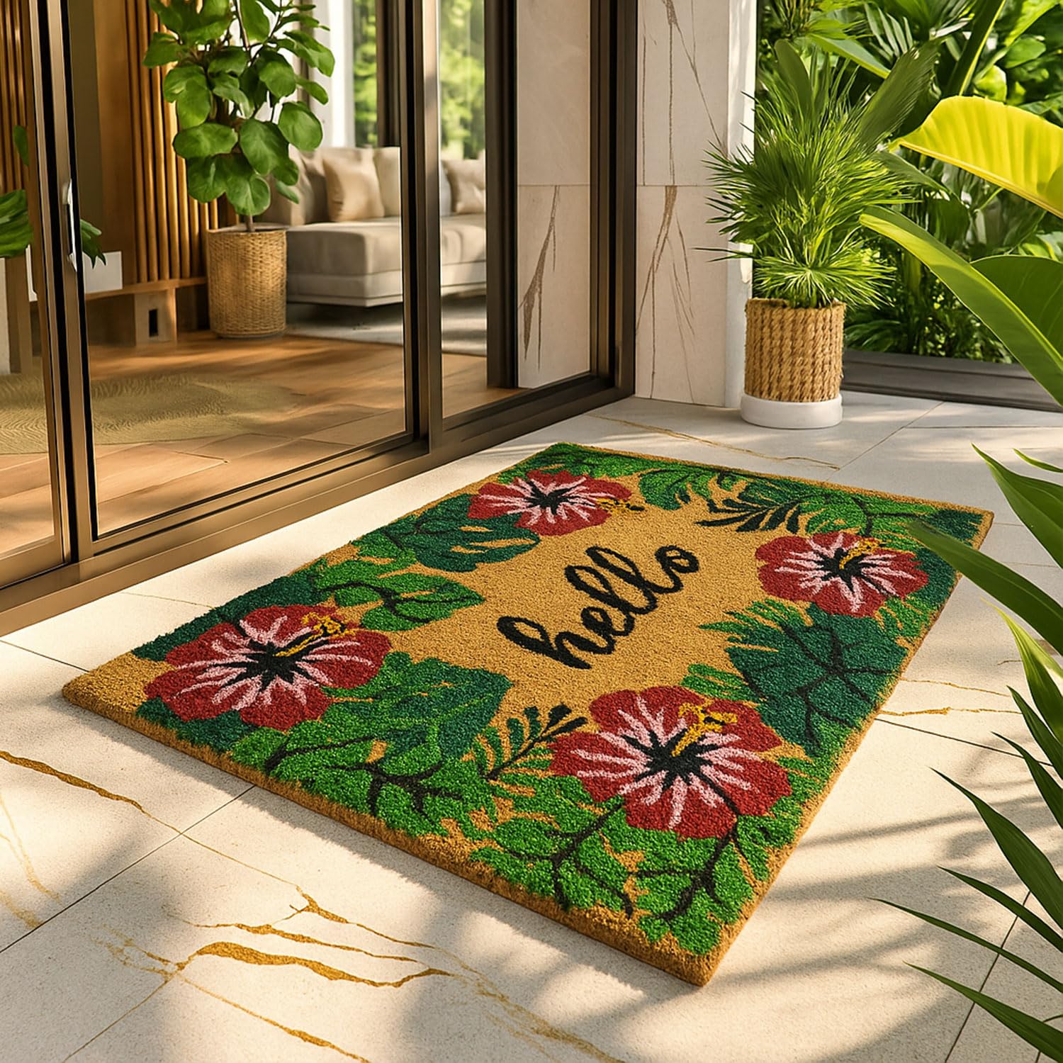Coir Doormat for Home Entrance (Hello Floral Print Design ,71x45 cm)