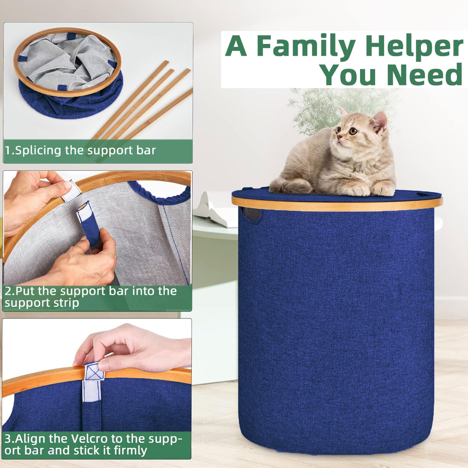 Large Round Fabric Storage Basket with Bamboo Handles (45L x 45W x 50H cm ,Blue )
