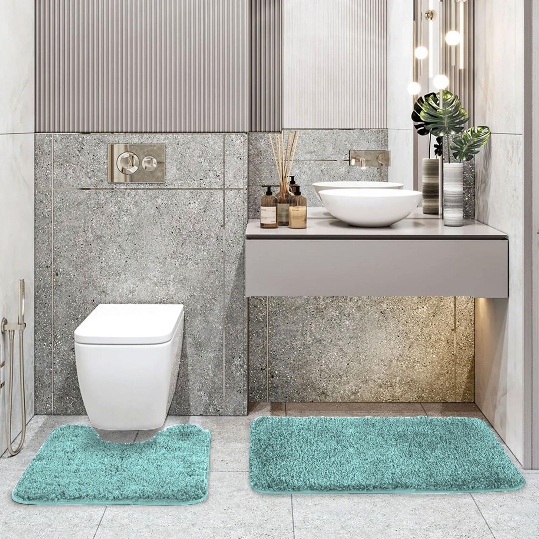 Polyester Contour Bath Mat Set (Aqua, 45x 75 cm & 40x45)
